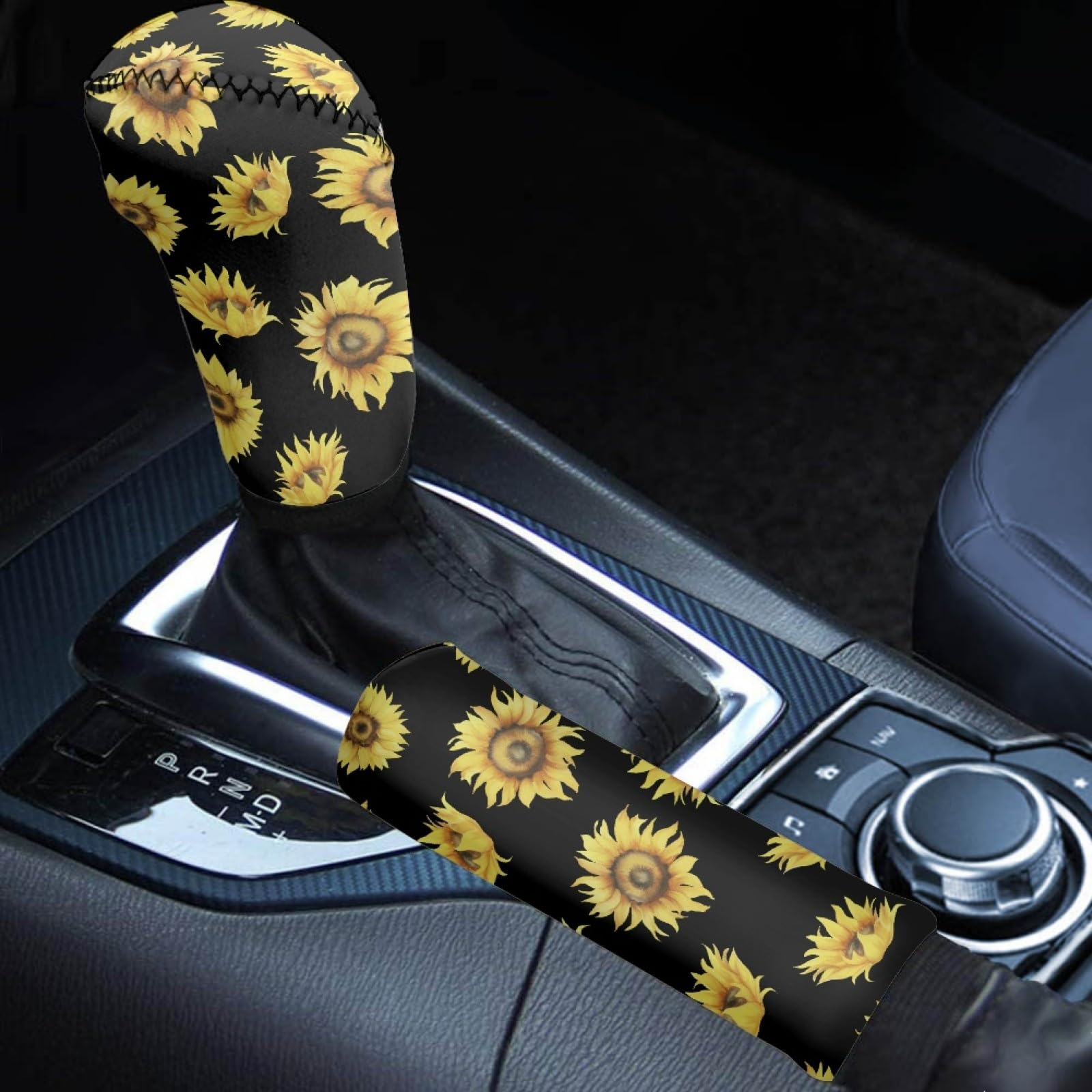 Babrukda Car Interior Accessiores For Women - Gear Shift Knob Cover/Handbrake Cover Yellow Sunflower Pattern Easy Install Anti-S