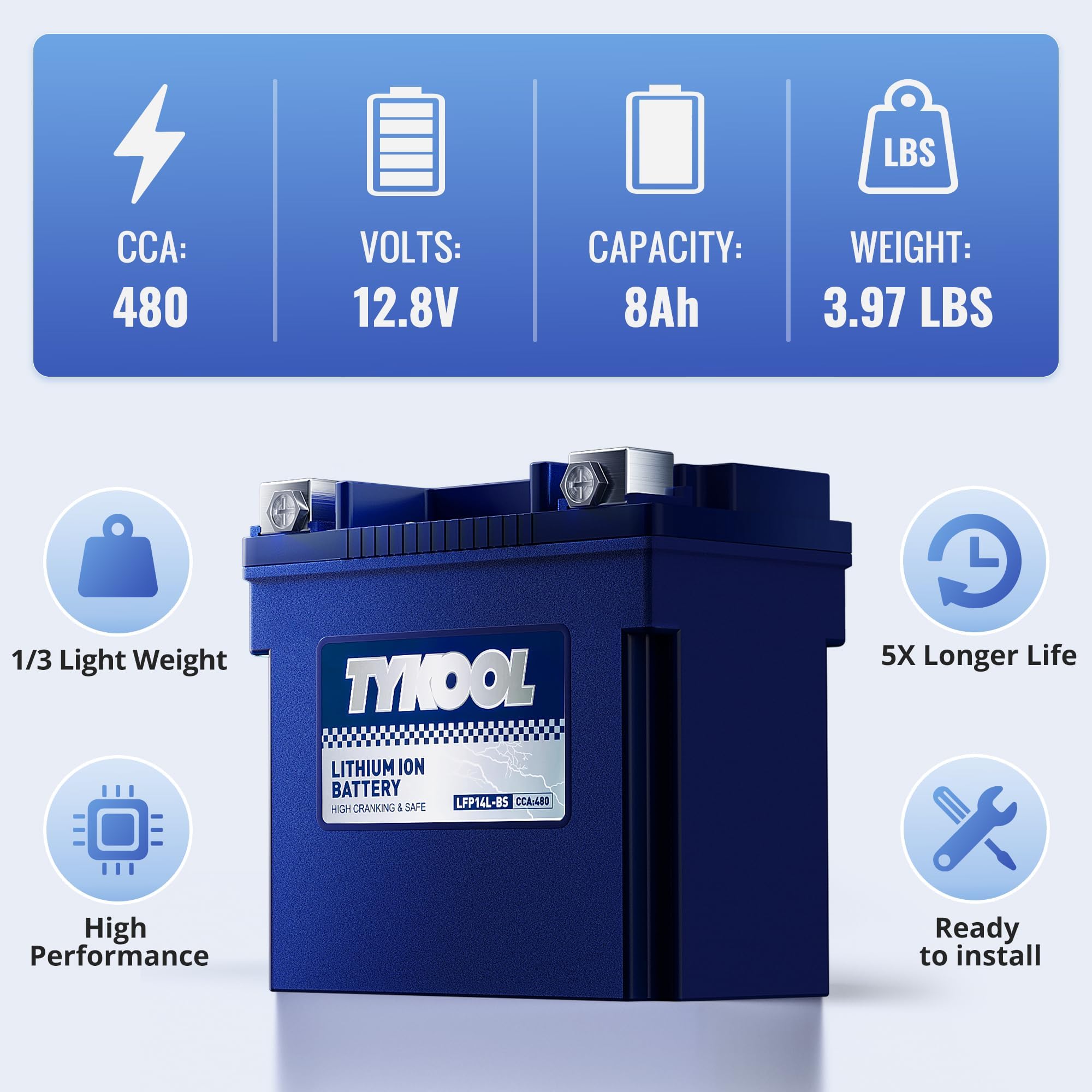 Tykool Ytx14L-Bs 3X Cranking Amps,5X Life, Lithium Lifepo4 Motorcycle Battery,12V 8Ah,480Cca,Digital Readout, Built In Bms,Power