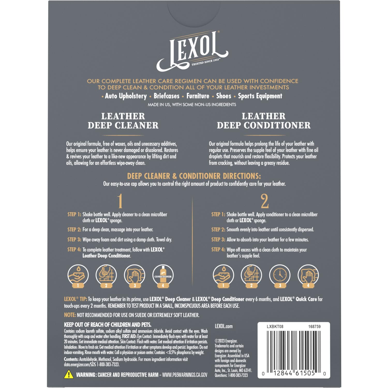 Lexol Leather Cleaner & Conditioner Kit - 8 Oz, Multicolor - Perfect for Car Seats, Furniture, Shoes, Gloves, & Saddles - 2 Bottles & Sponges