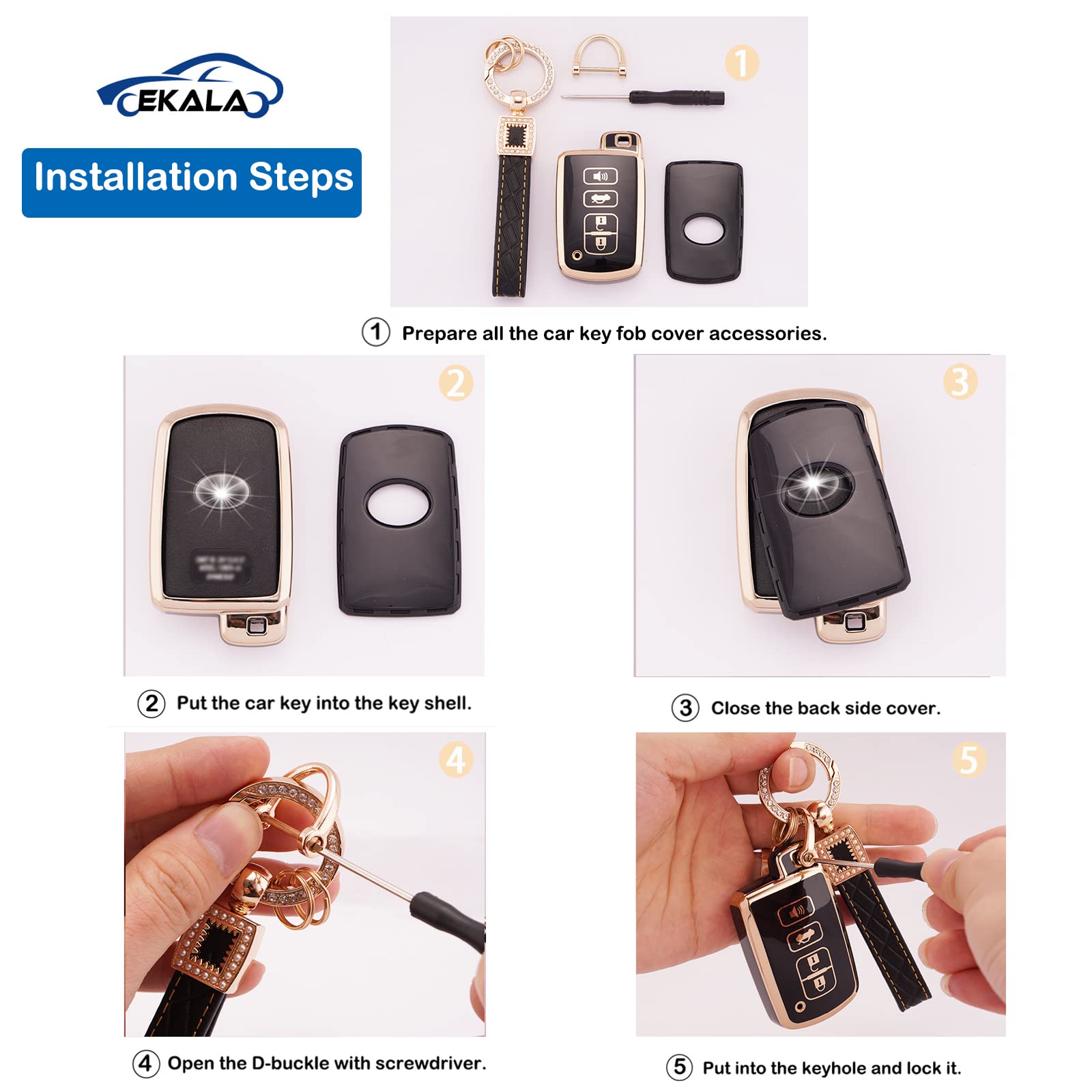 EKALA for Toyota Key Fob Cover with Leather Keychain 4 Buttons Soft TPU Key Case Shell Fit for Toyota Camry Avalon Corolla Highl