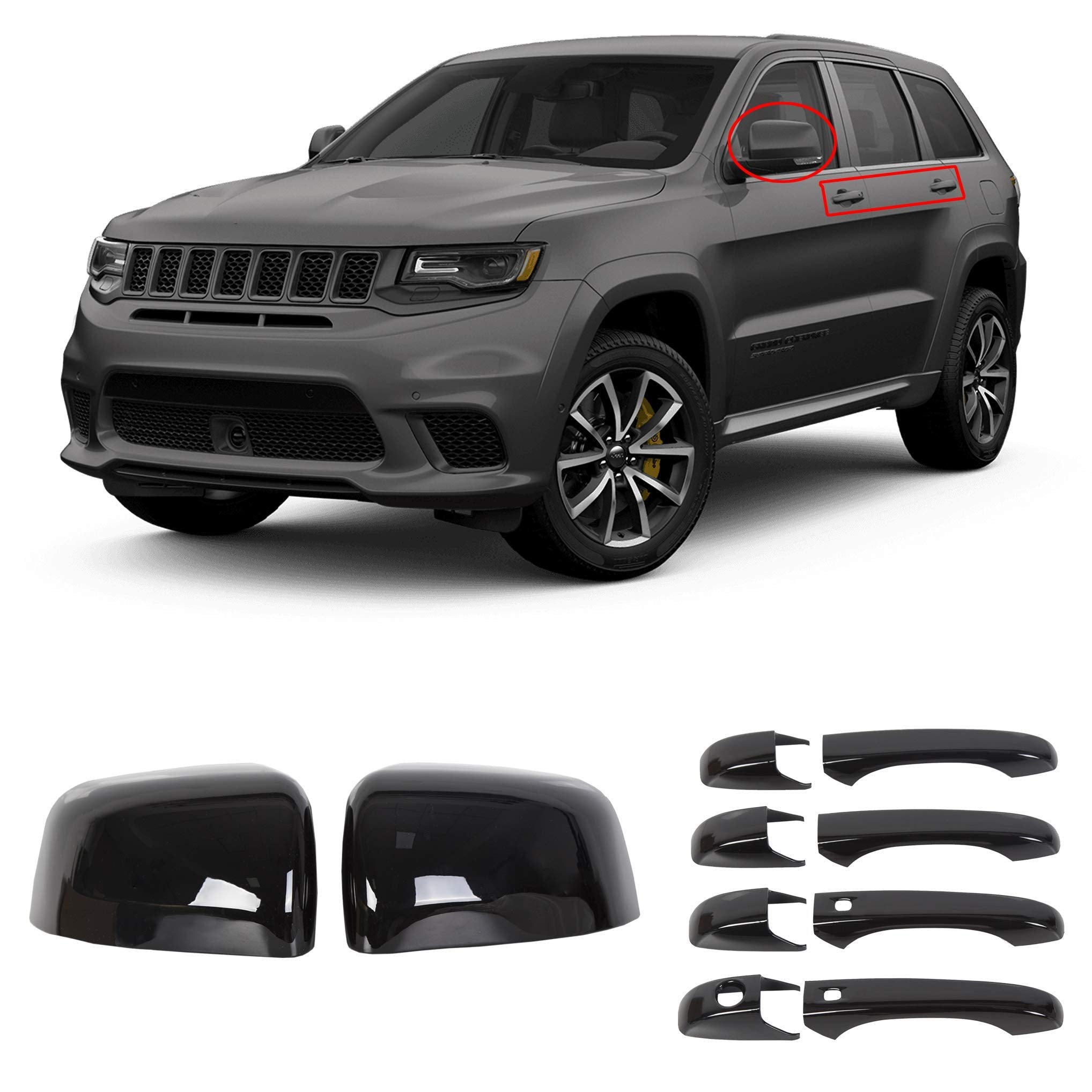 Sportuli Black Mirror Covers +Door Handle Covers Replacement For 2011-2021 J-Eep Grand Cherokee & D-Odge Durango