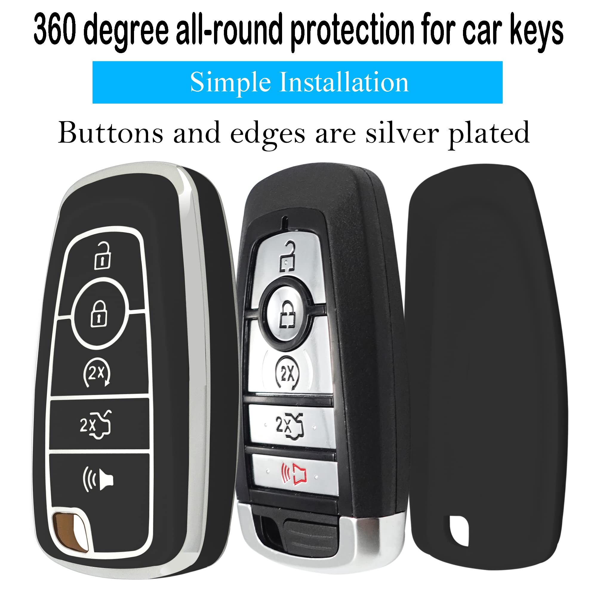 Kirsnda Key Fob Cover Case Keychain Compatible With Ford,Soft Tpu Key Case Fit Expedition For Mustang Fusion Raptor F250 F350 F450 F550 Edge Explorer Smart Remote,5 Buttons Black