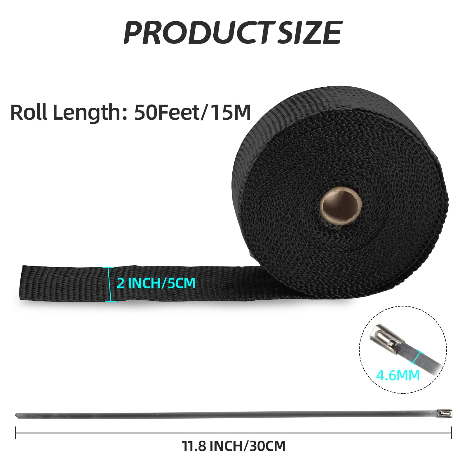 Exhaust Heat Wrap, 2”X 50 Ft,Motorcycle Fiberglass Heat Shield Tape With Stainless Ties,Black