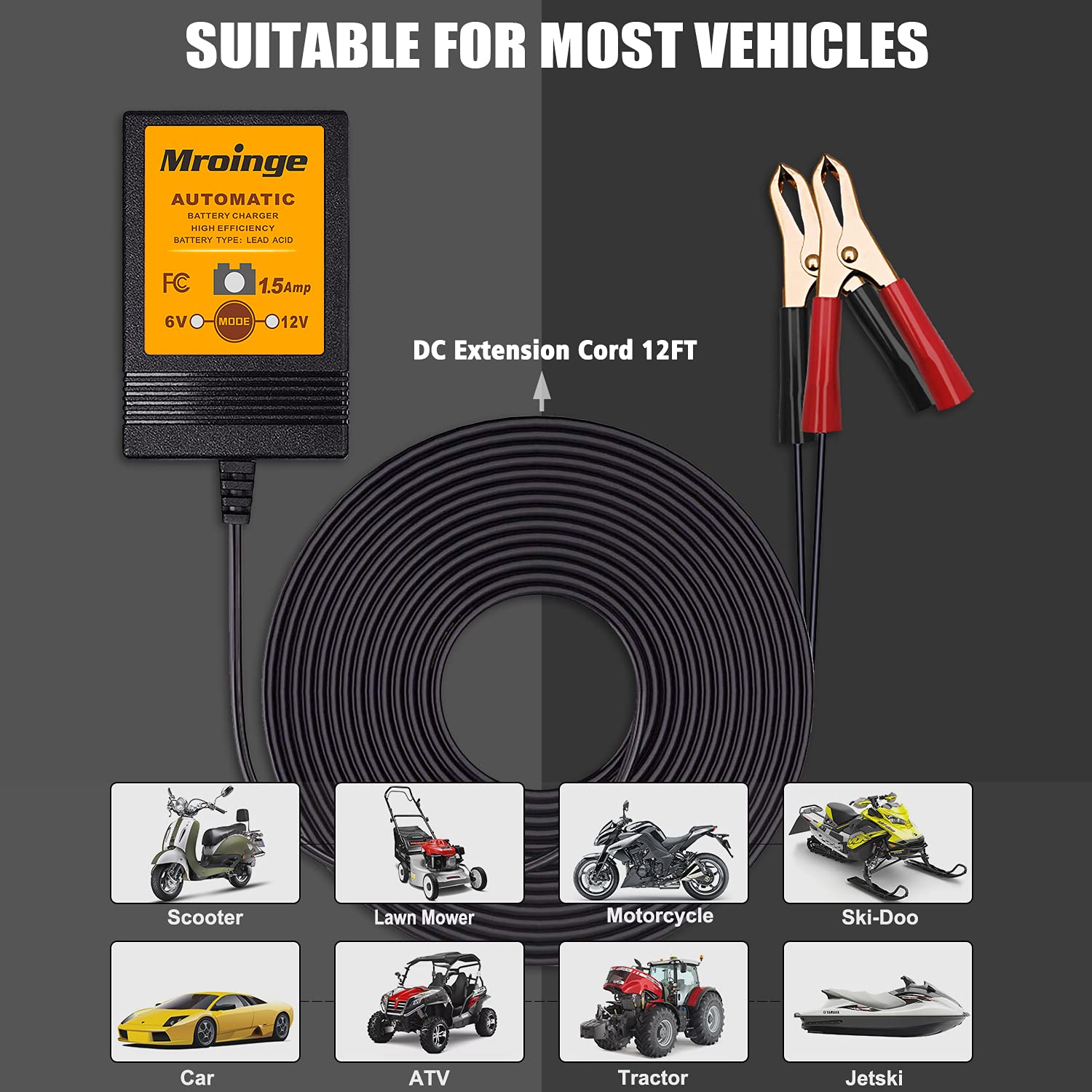 Mroinge Mbc015, 6V / 12V 1.5A Fully Automatic Trickle Battery Charger/Maintainer For Automotive Vehicle Motorcycle Lawn Mower Atv Rv Powersport Boat, Sealed Deep-Cycle Agm Gel Cell Lead Acid Batteries