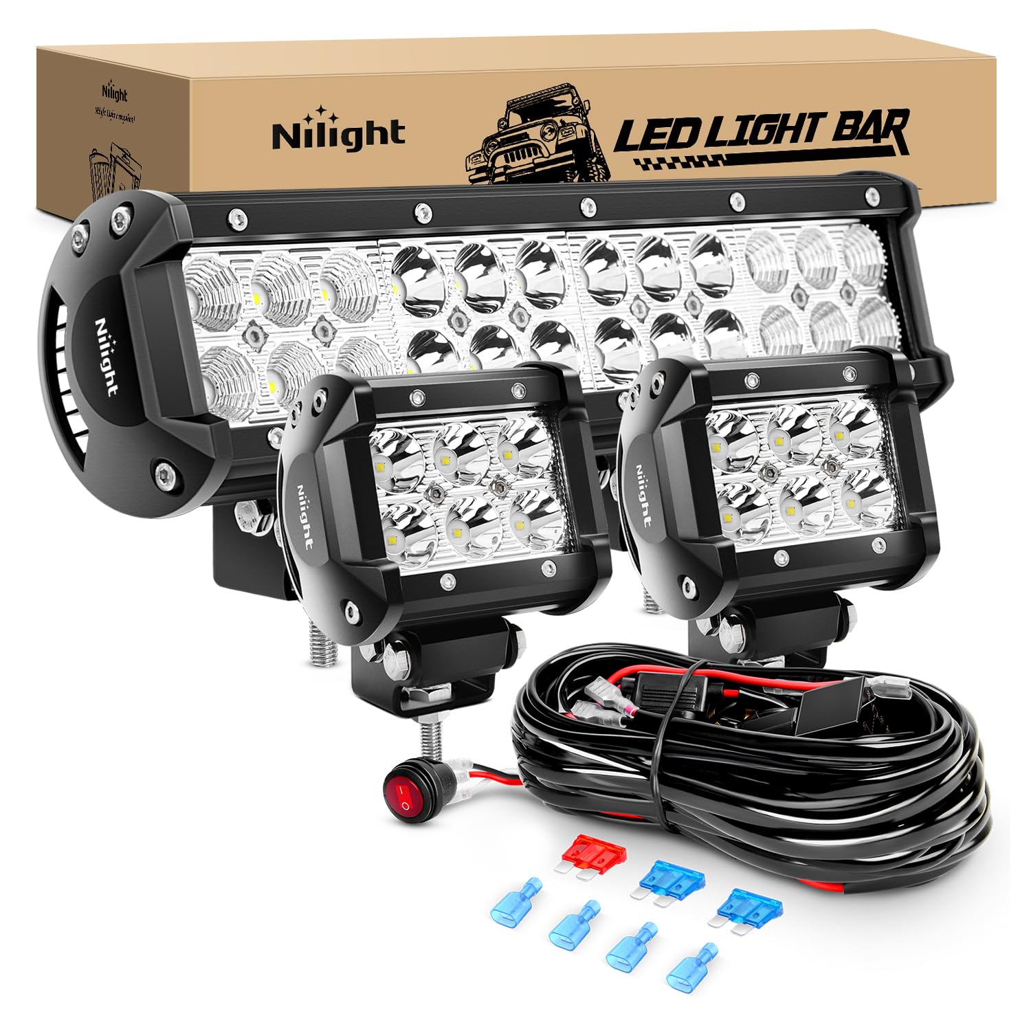 Nilight 12 Inch 72W Spot Flood Combo Led Light Bar 2Pcs 4Inch 18W Flood Led Pods Fog Lights Off Road With Wiring Harness Kit-3 L
