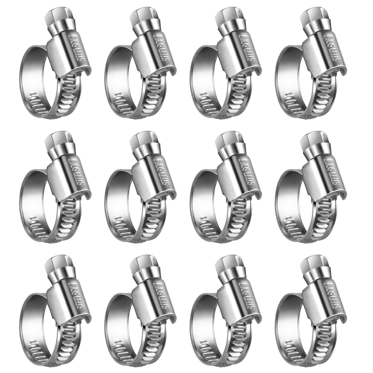 Steelsoft Heavy Duty Hose Clamp Size#6, 1/2 To 3/4 Inch Adjustable Worm Gear Drive Hose Clamps Stainless Steel 304 For Fuel Injection Line, Automotive, Radiator, Garden,12 Pack