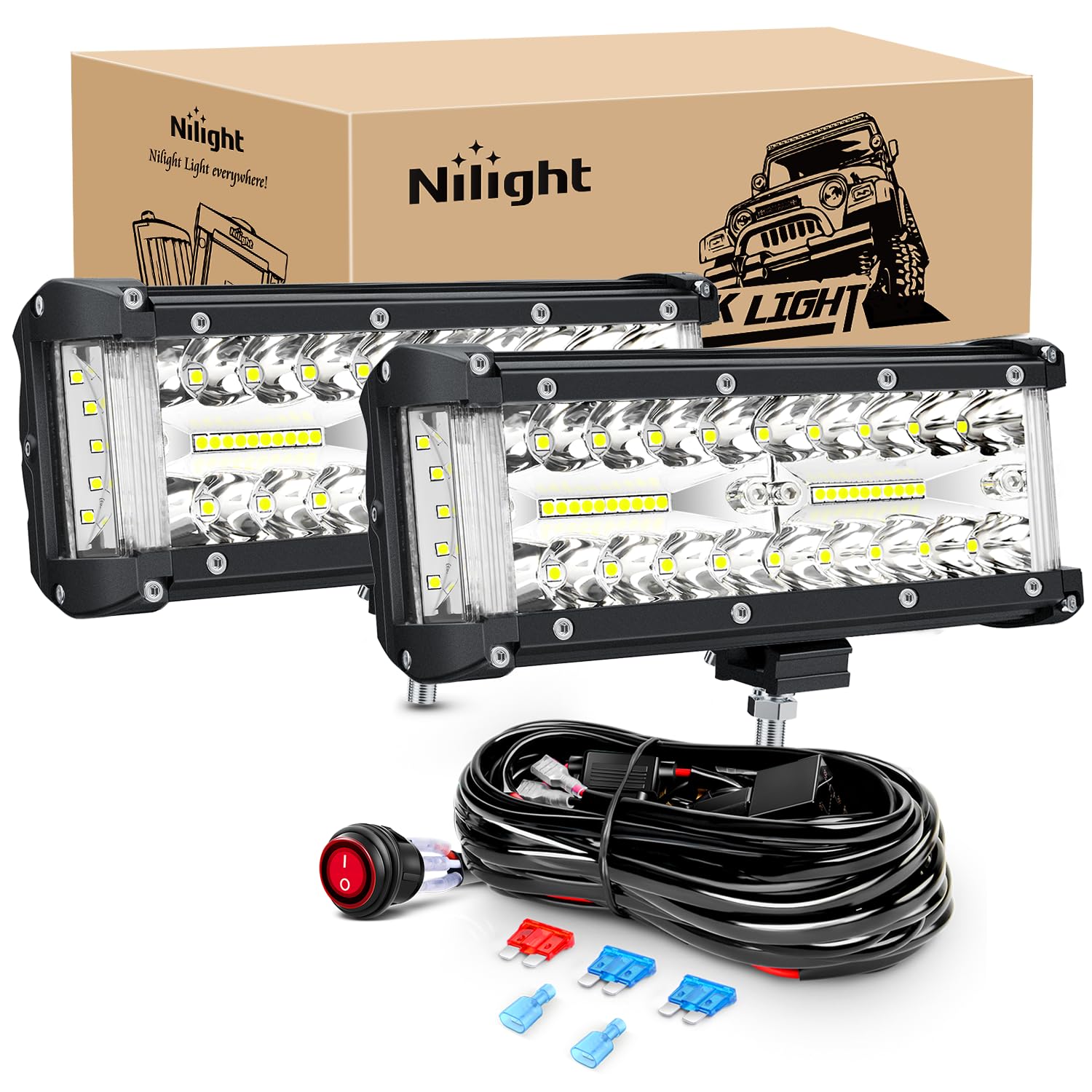 Nilight Side Shooter Led Light Bar 2Pcs 7 Inch Triple Row Spot Flood Combo Lights Led Work Light With Wiring Harness Kit For Off