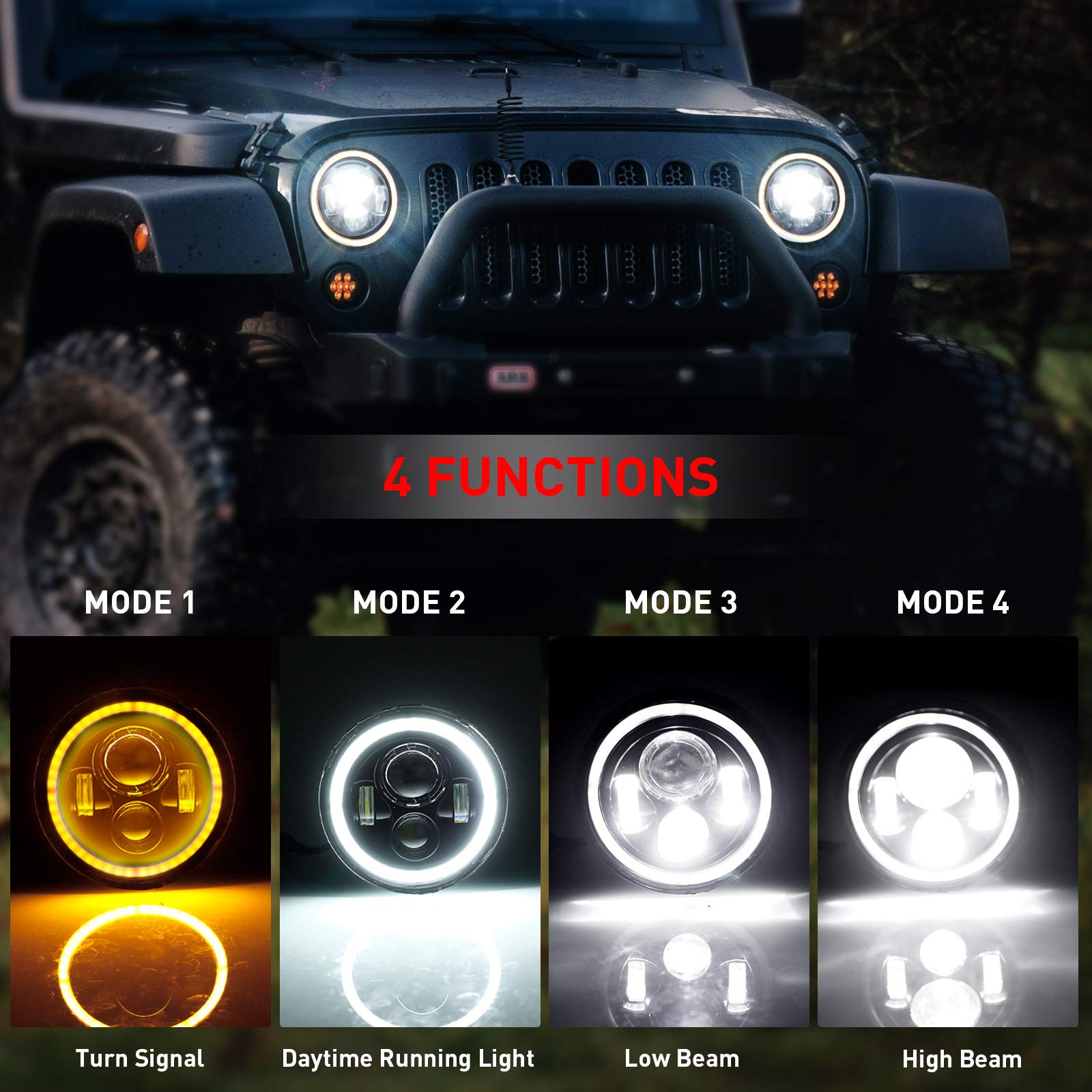 Kaslight 7 Inch Round Led Headlights H6024 Halo Headlights 7'' Black Headlamps High Low Sealed Beam H4-H13 Adapter Compatible With Jeep Wrangler Jk Tj Lj Cj Hummber H1 H2 (Pair)