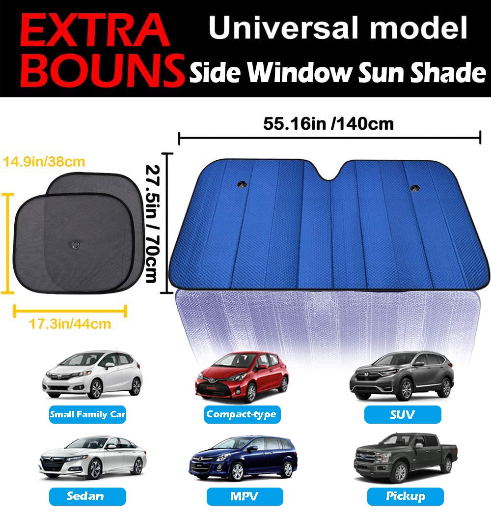 Big Hippo Windshield Sun Shade,Car Sun Shade Side Window As Bonus,Car Sunshade Windshield,Reflect Sunlight Heat And Uv Rays, Pro