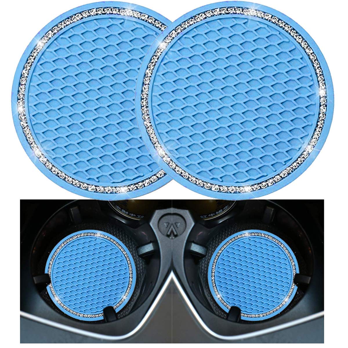 2Pcs Universal Bling Car Cup Coaster,Rhinestone Car Accessories 2.75 Inch Car Cup Holder Insert Mat Pad Set,Suitable For Most Car Interior (Blue)