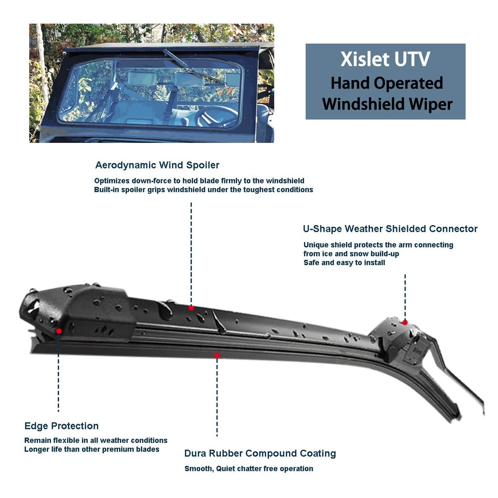 Xislet Utv Hand Operated Windshield Wiper Compatible With Polaris Ranger Rzr Can Am Kawasaki Honda Pioneer Golf Cart Manual Windshield Wiper Blades Assembly Windshield Kit Instruction Included