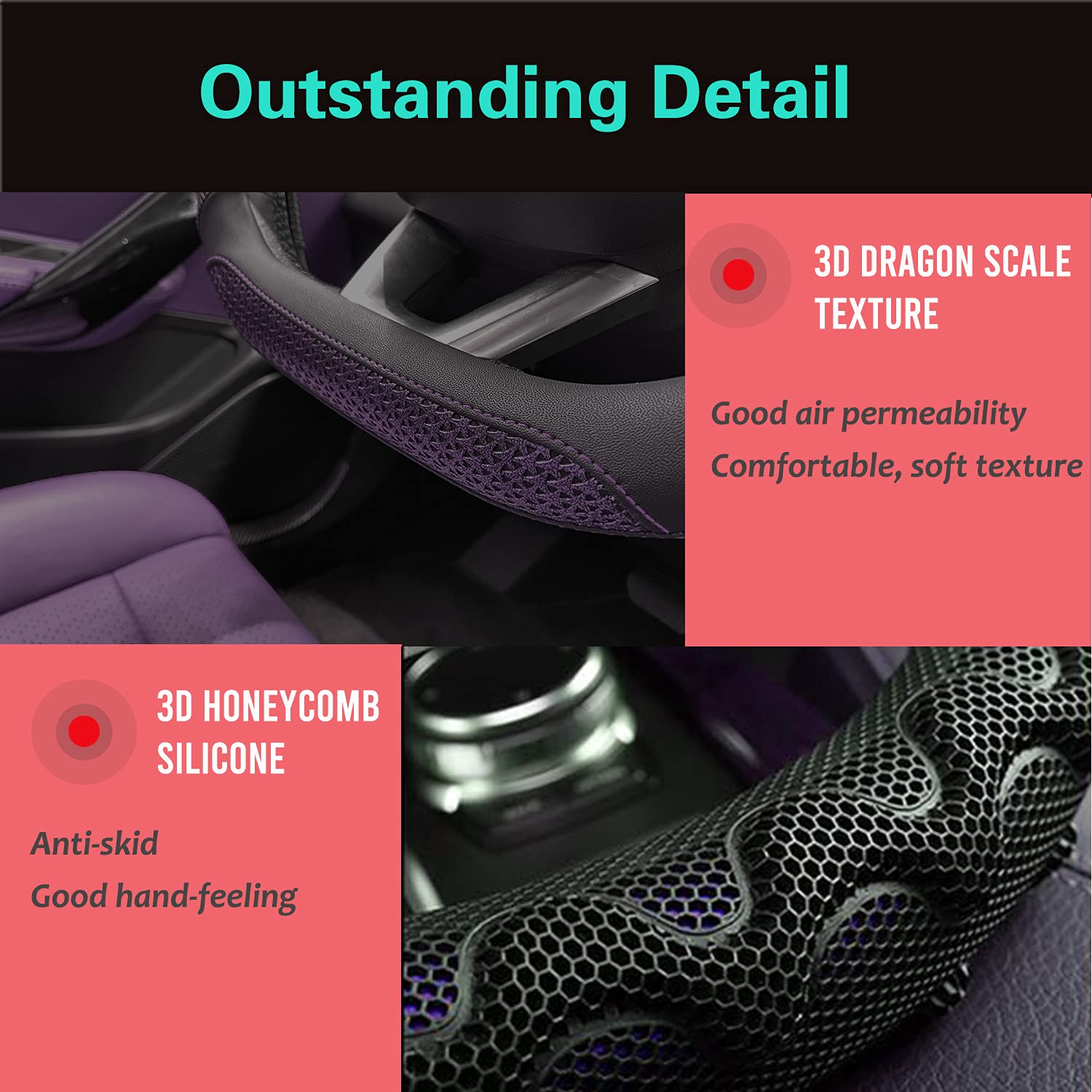 Pinctrot D Shaped 14.5-15 Inch Steering Wheel Cover Great Grip With 3D Honeycomb Anti-Slip Design, Flat Bottom 14.5-15 Inch (Pur
