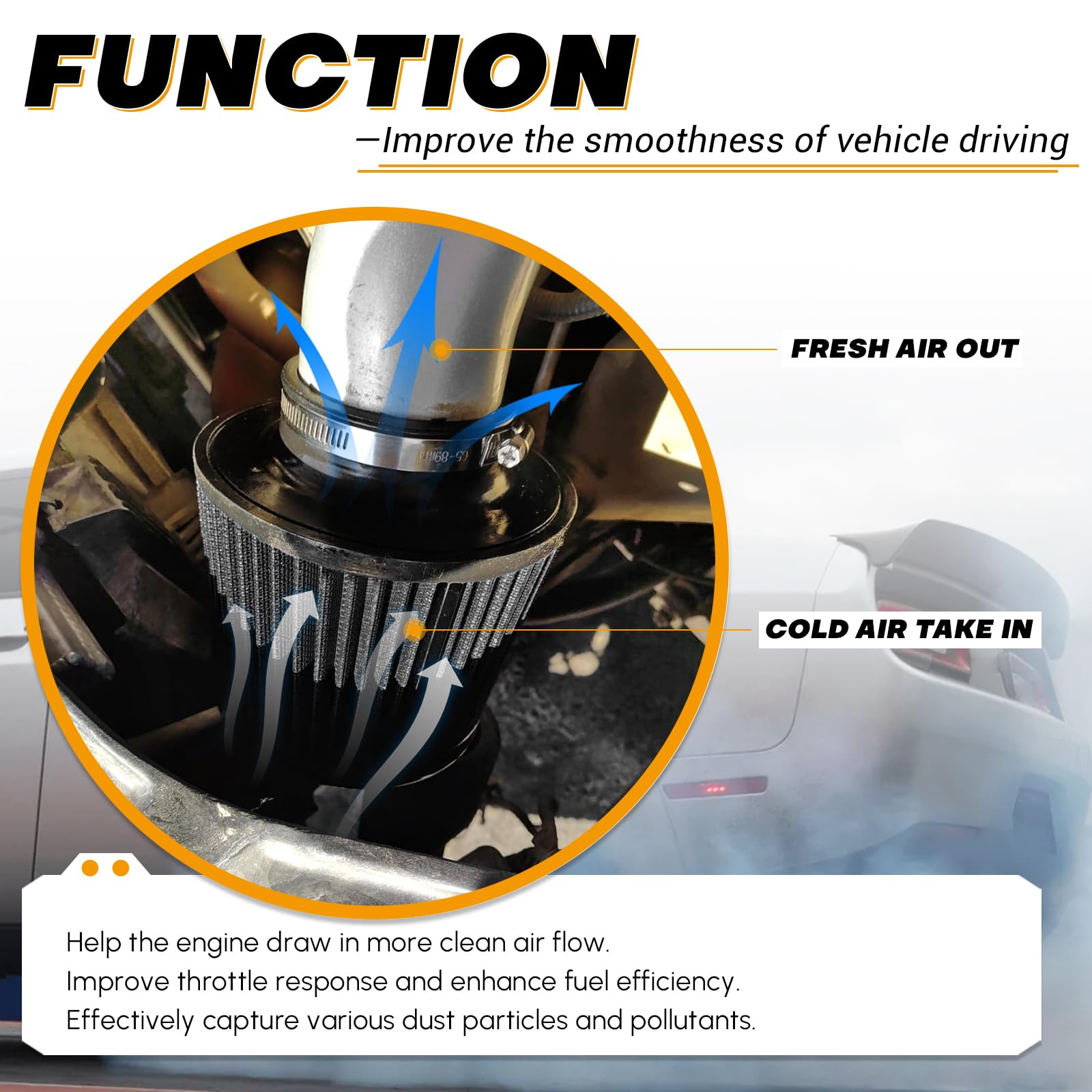 Ptnhz Universal Black 4'' 102Mm High Flow Cold Air Intake Cone Air Filter Power Intake Air Inlet System Air Cleaner