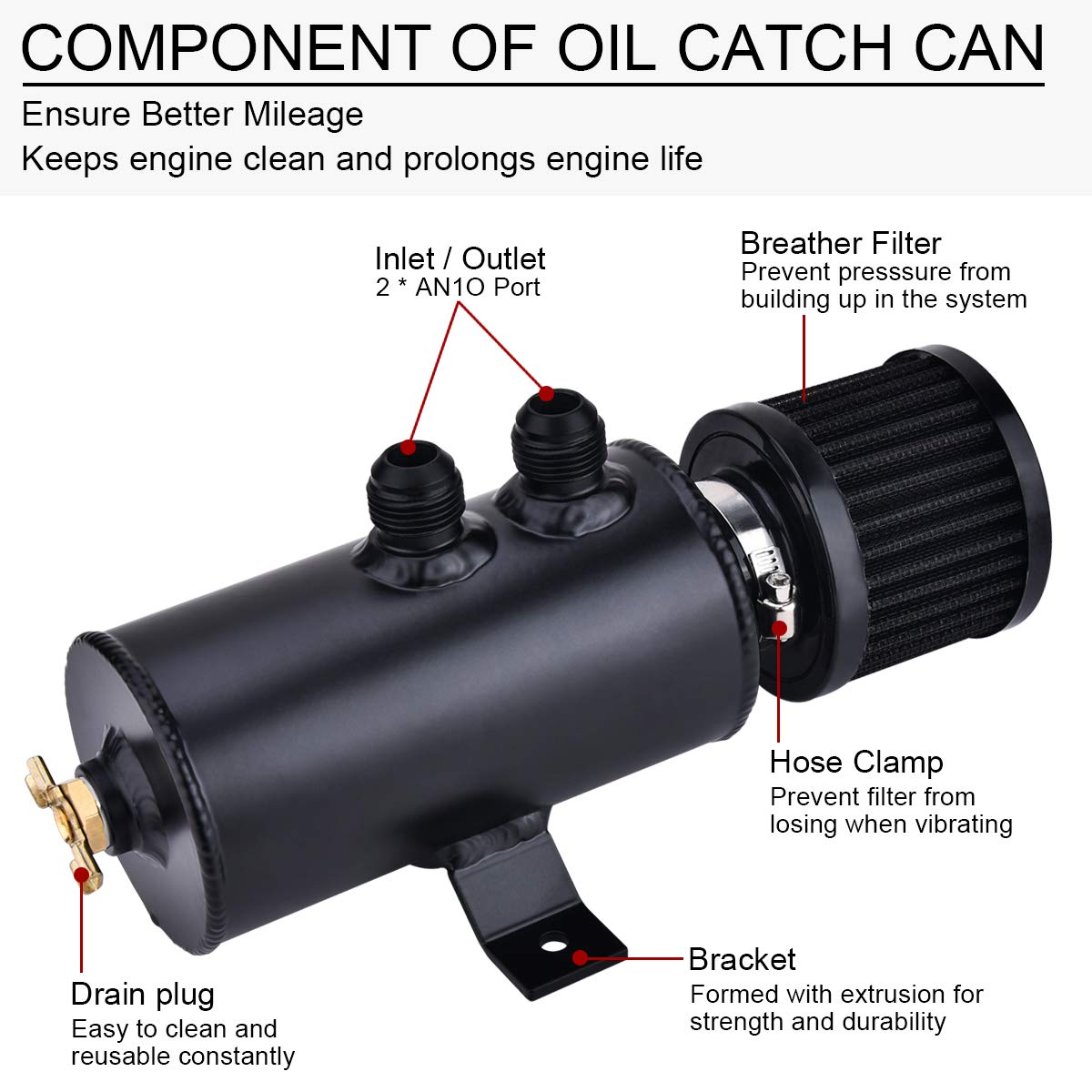Evil Energy 10An Baffled Oil Catch Can,Oil Breather Tank With Valve,750Ml Universal Aluminum Black