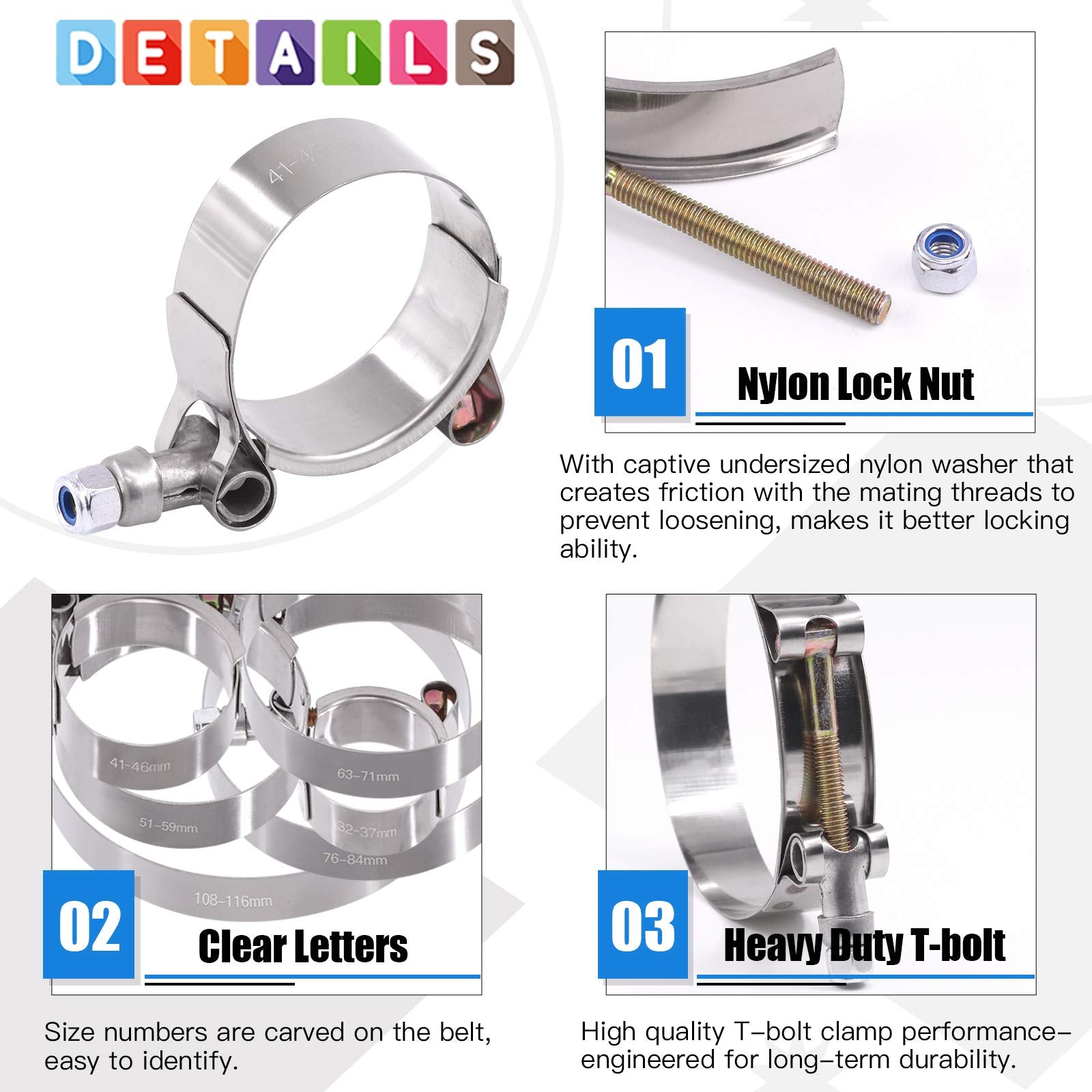 Glarks 12Pcs 6 Sizes 32-116Mm Stainless Steel T-Bolt Hose Clamps Turbo Intake Soft Hose Intercooler Clamps Assortment Set