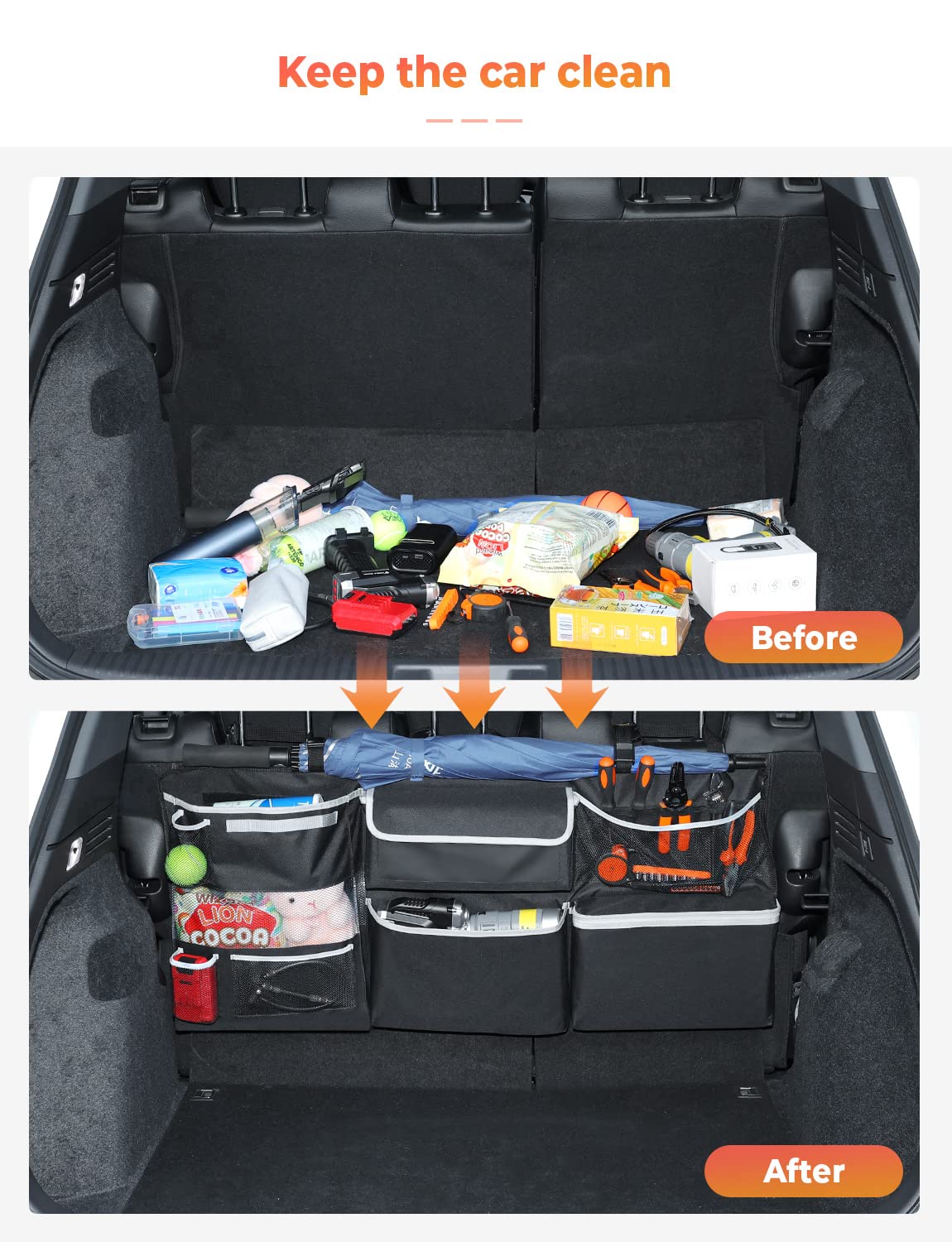 Oasser Large Black Car Storage Organizer - Hanging Trunk Organizer with 10 Functional Storage Bags for SUV, Truck, MPV, VAN