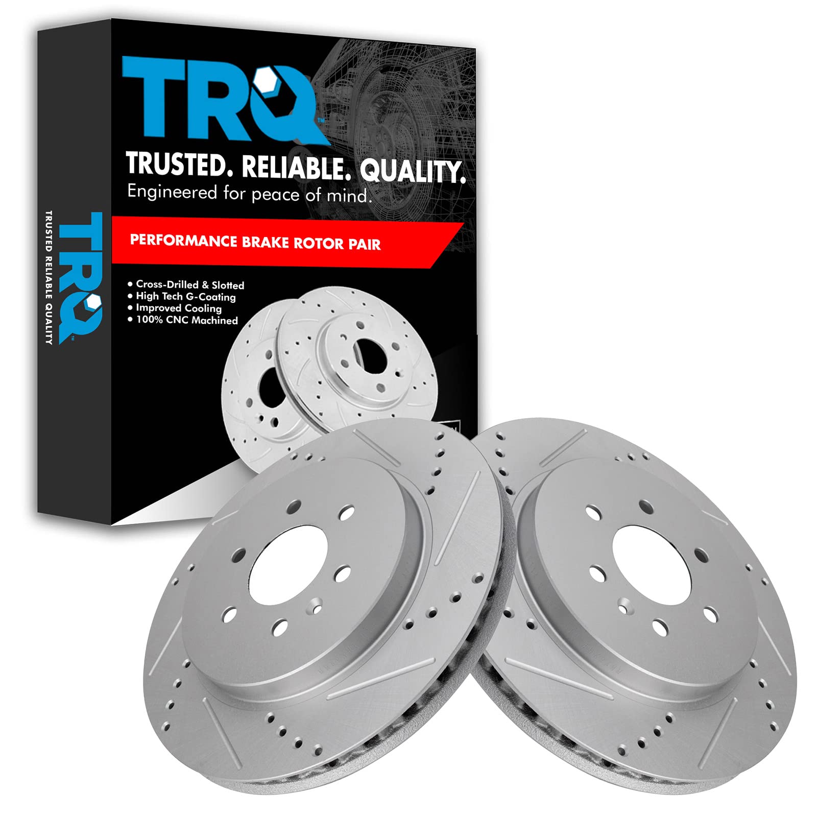 Trq Rear Performance Brake Rotors Set Premium G-Coated Cross Drilled & Slotted Compatible With 2004-2009 Cadillac Srx