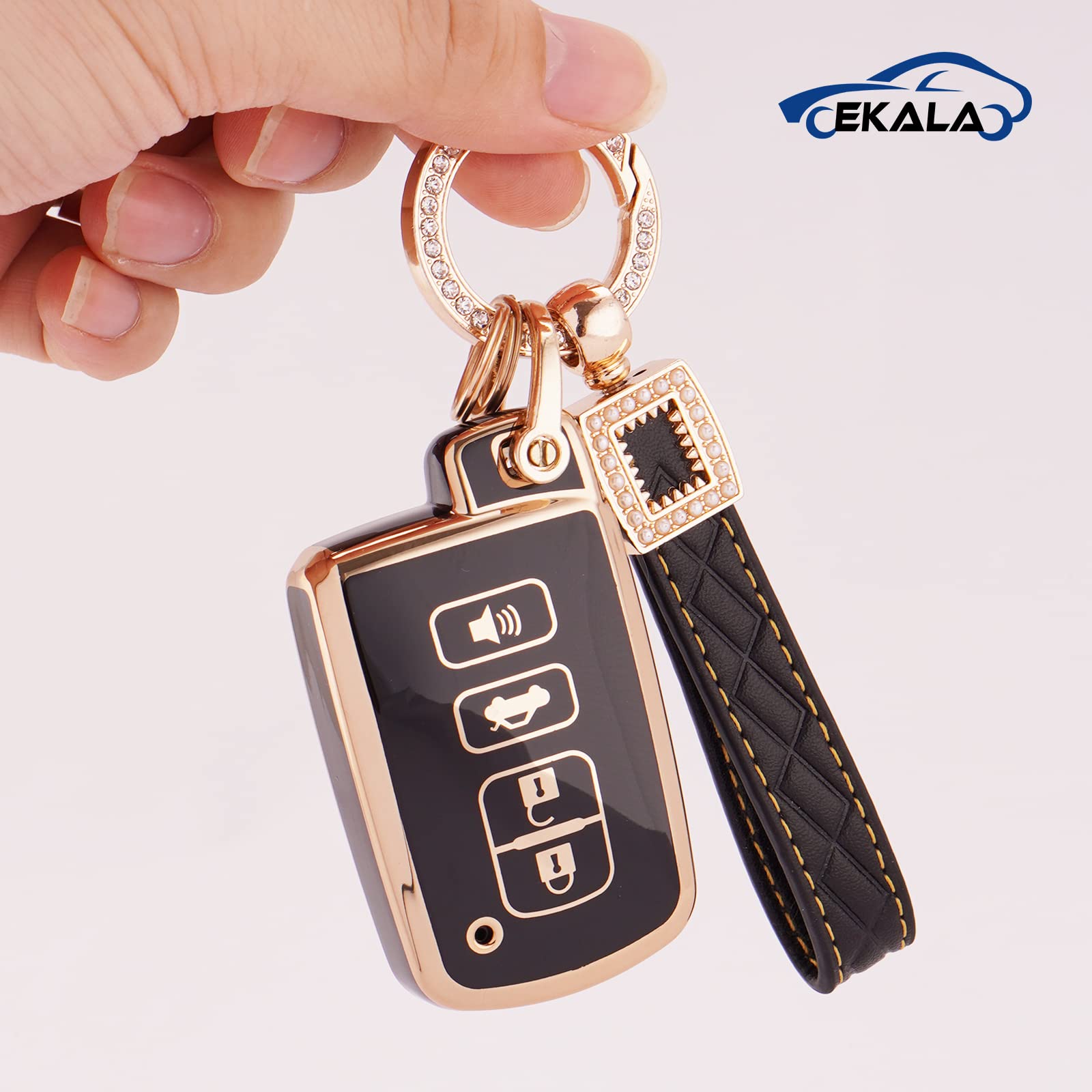 EKALA for Toyota Key Fob Cover with Leather Keychain 4 Buttons Soft TPU Key Case Shell Fit for Toyota Camry Avalon Corolla Highl