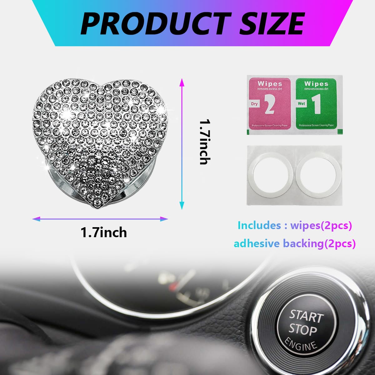 Sylvil Bling Car Engine Start Button Cover, Heart Shape Diamond Push Start Button Sticker, Sparkly Rhinestone Ignition Button De