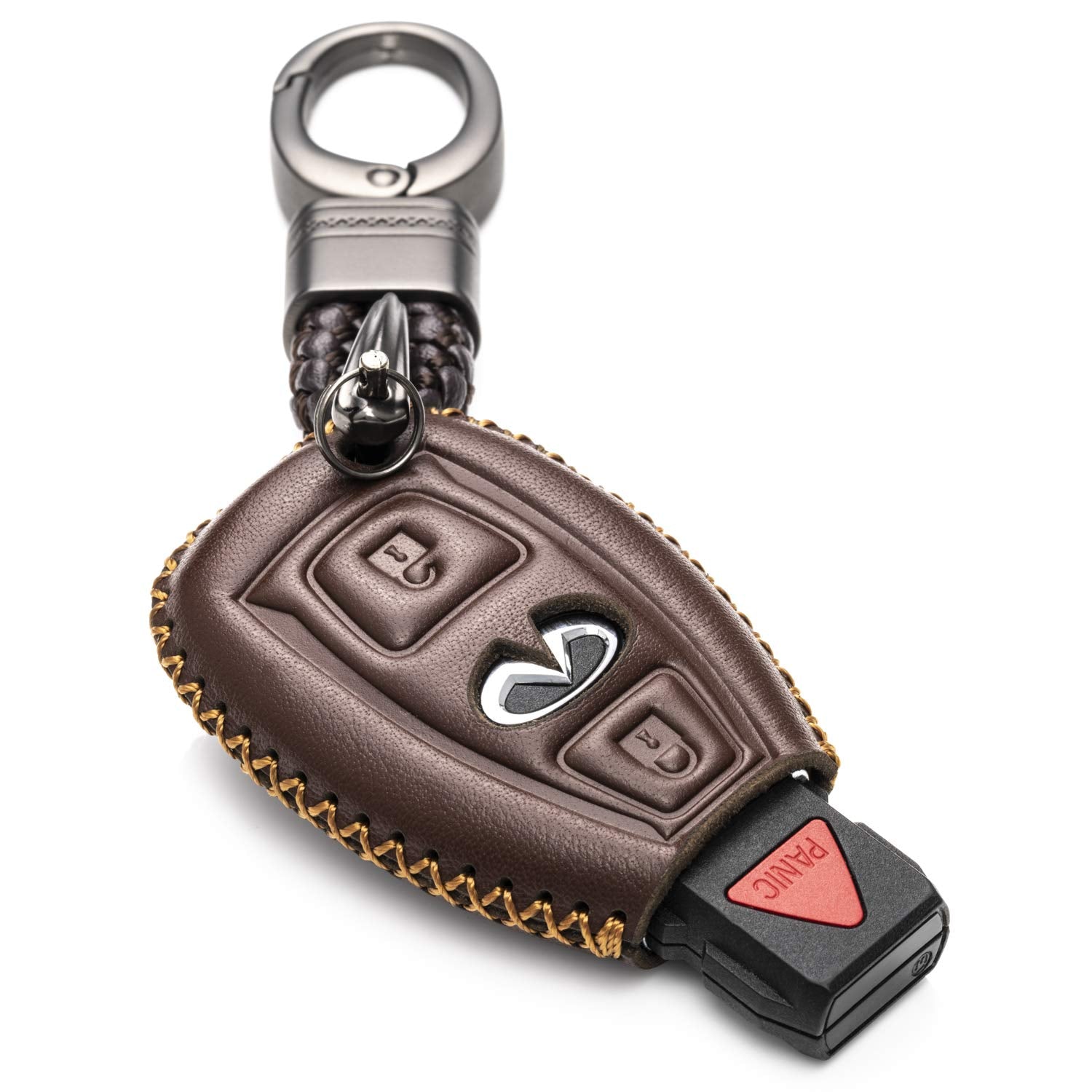 Vitodeco Genuine Leather Smart Key Fob Case Cover Protector with Leather Key Chain for 2017 - 2018 Infiniti QX30 (3-Button, Black/Red)