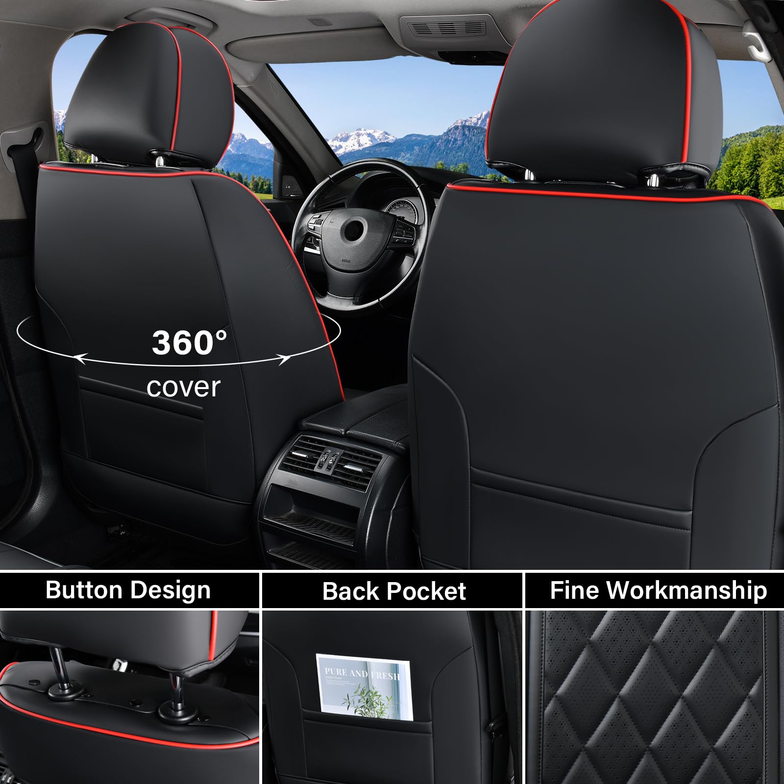 Coverado Seat Covers, Car Seat Cover Front Seats, 2-Pack Luxury Faux Leather Car Seat Covers, Waterproof Car Seat Protector, Bla