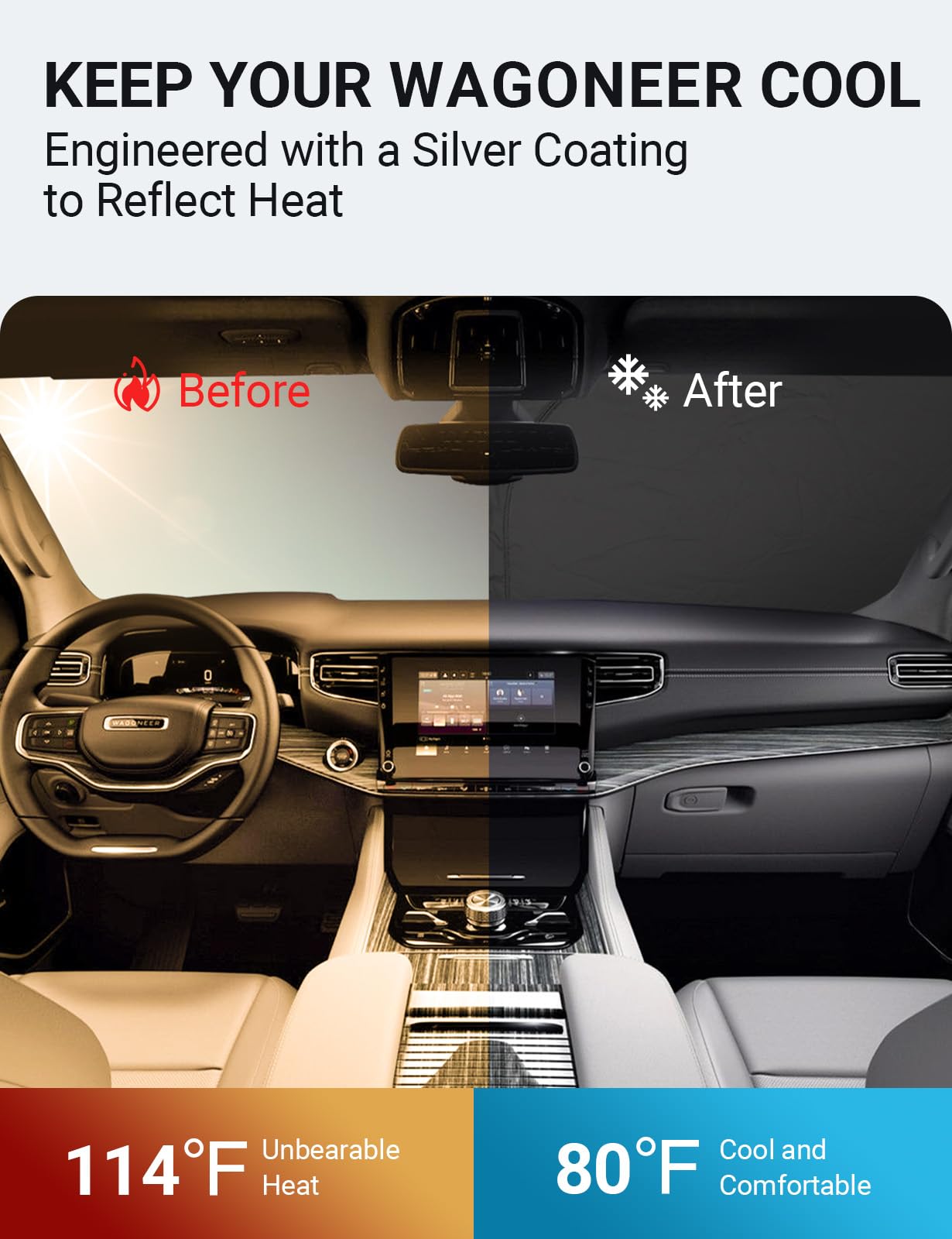 Proadsy 2025 Upgrade Windshield Sun Shade Custom Fit Jeep Wagoneer 2022-2024 2025 4-Layer Foldable Front Sunshade Protector Sun