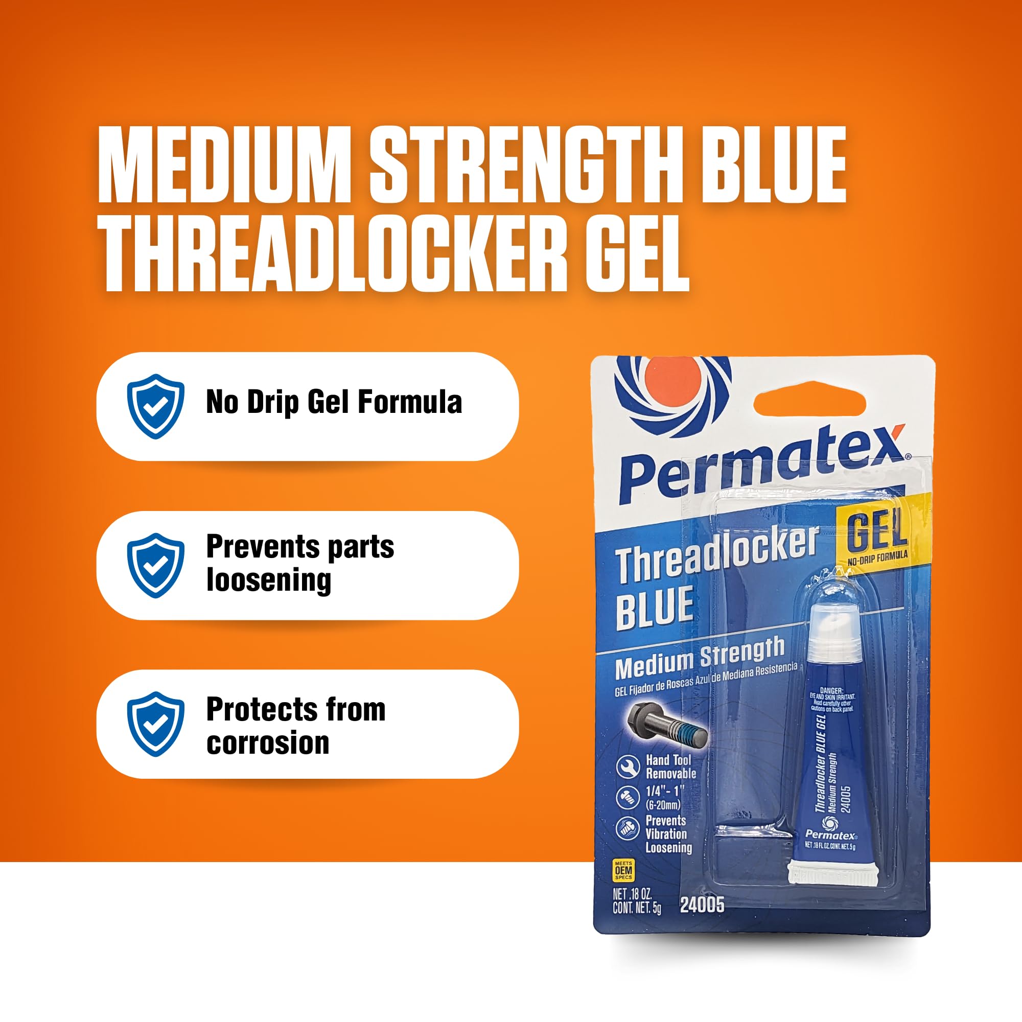 Permatex 24005 Threadlocker Blue Gel Medium Strength,Thread Lock & Screw Glue For Bolts Nuts & Fasteners To Prevent Loosening &