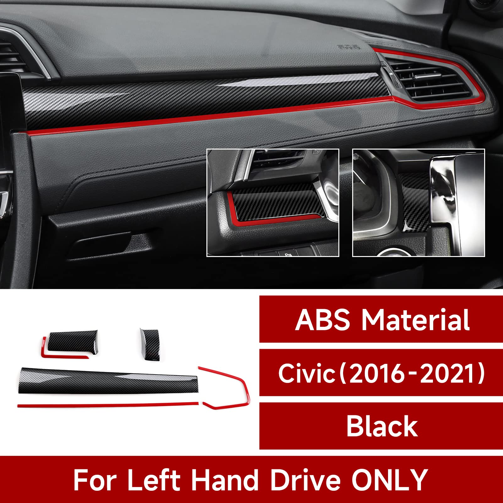 Brmyl Car Dashboard Panel Cover Decals For 2016-2021 Honda Civic 10Th Gen Accessories Abs Carbon Fiber Stickers, Not For Sport/H