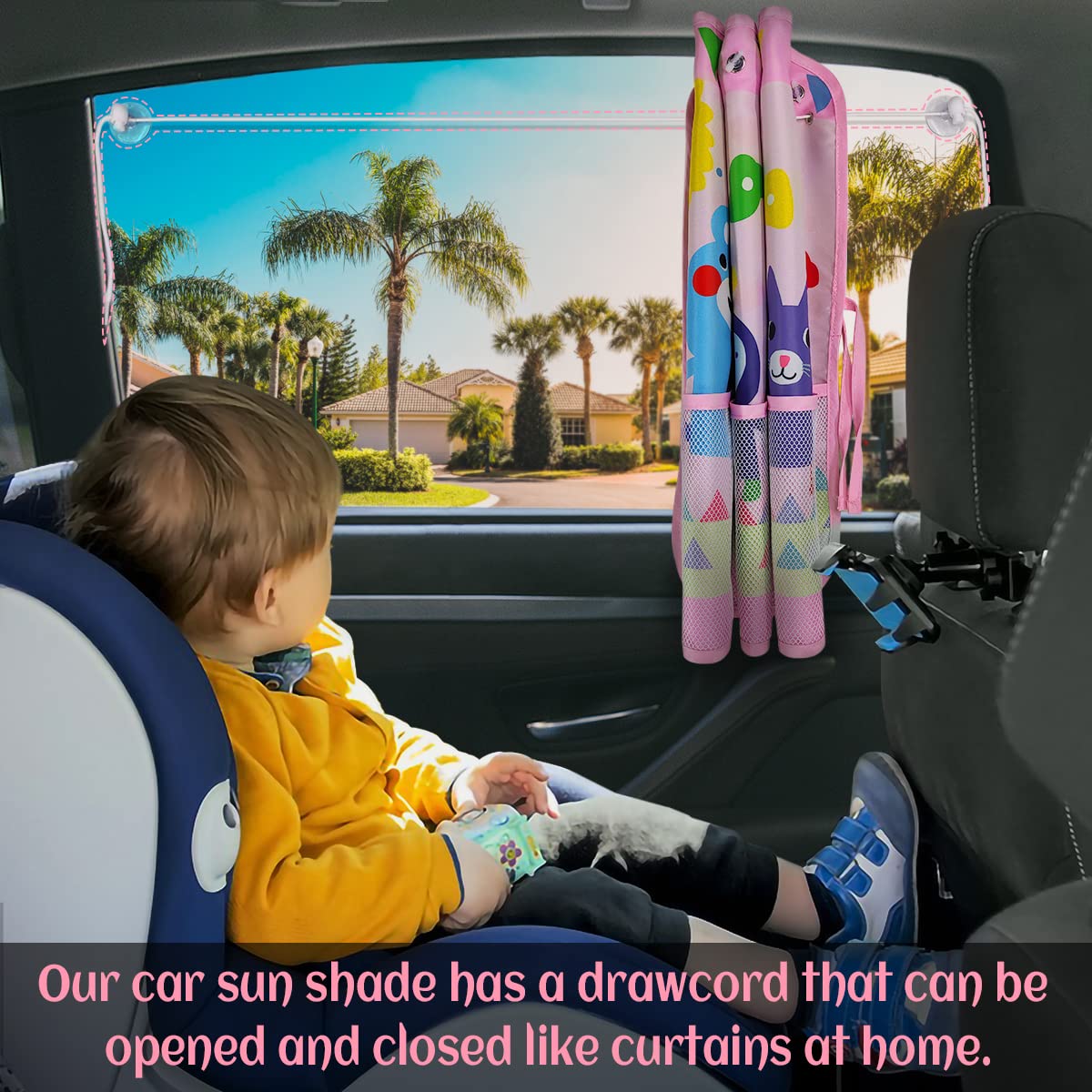DIZA100 Car Sun Shade for Window Baby(2 Pack), Blackout Car Window Shades with Storage Net Pocket Car Window Curtain 7 Suction C