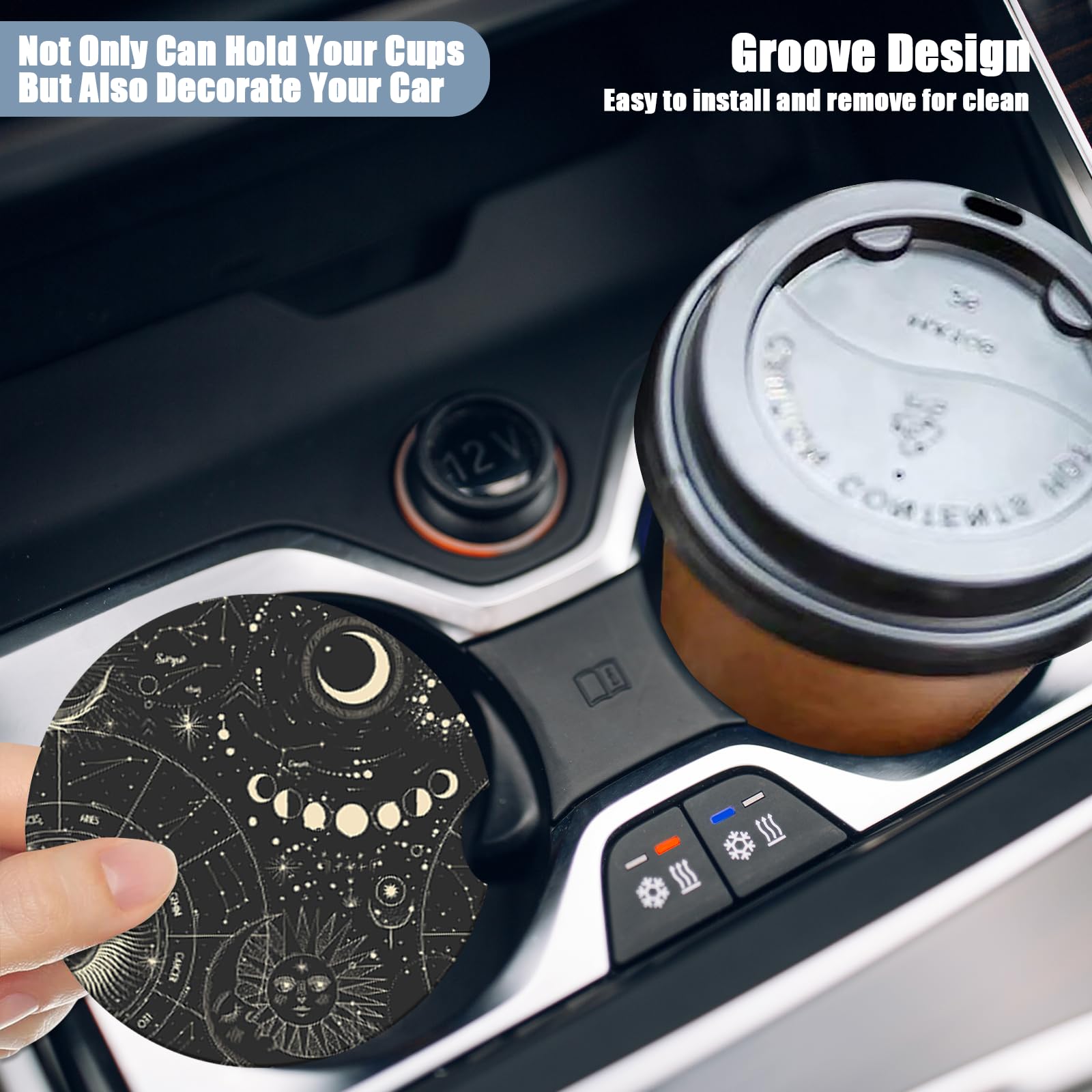 Car Cup Holder Coaster - Sun Moon Absorbent Ceramic Coaster, Car Coasters for Cup Holders, Auto Accessories for Women & Men, Pac