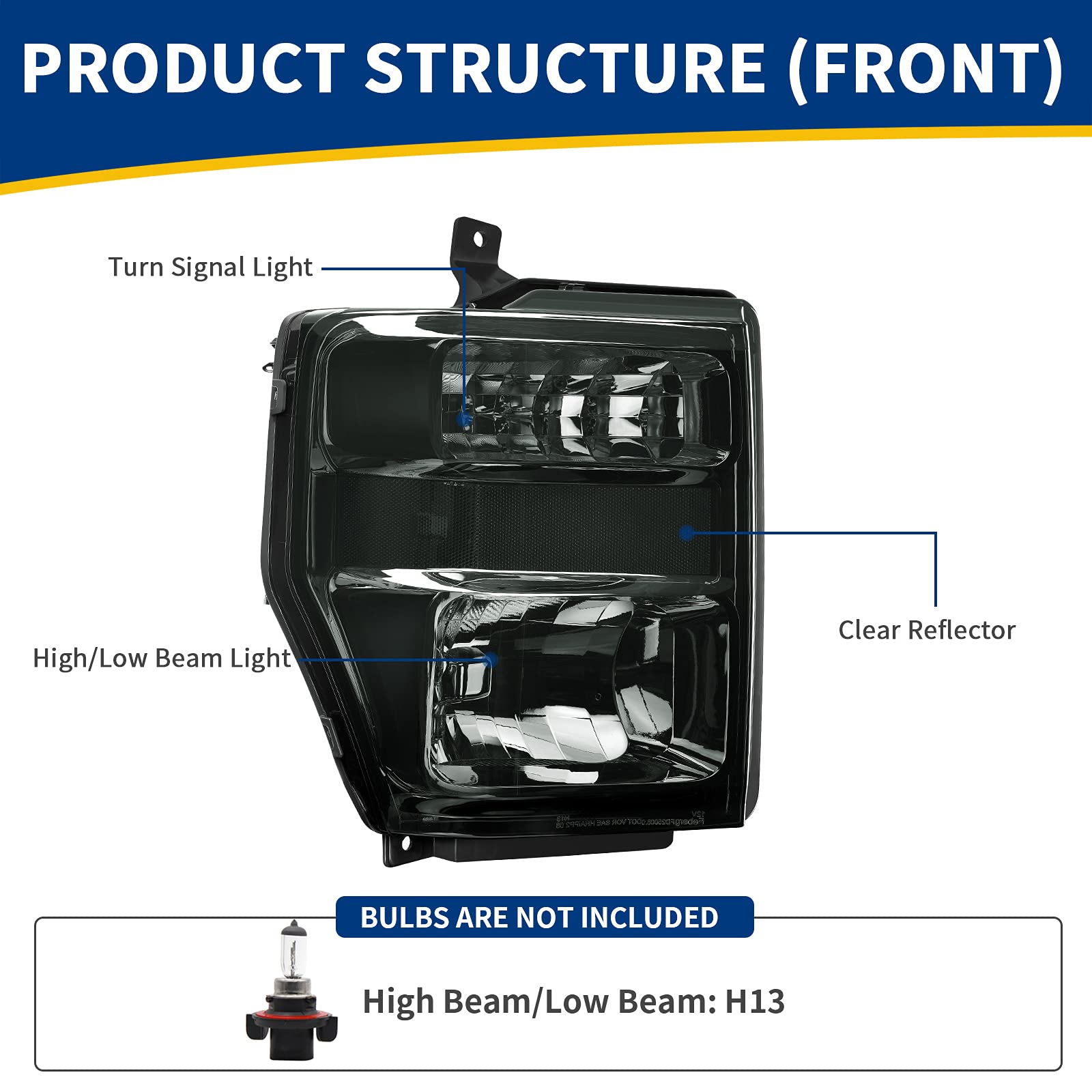 Autosaver88 Headlight Assembly Compatible With 2008-2010 Ford F250 F350 F450 Super Duty Headlamp Chrome Housing Smoke Lens
