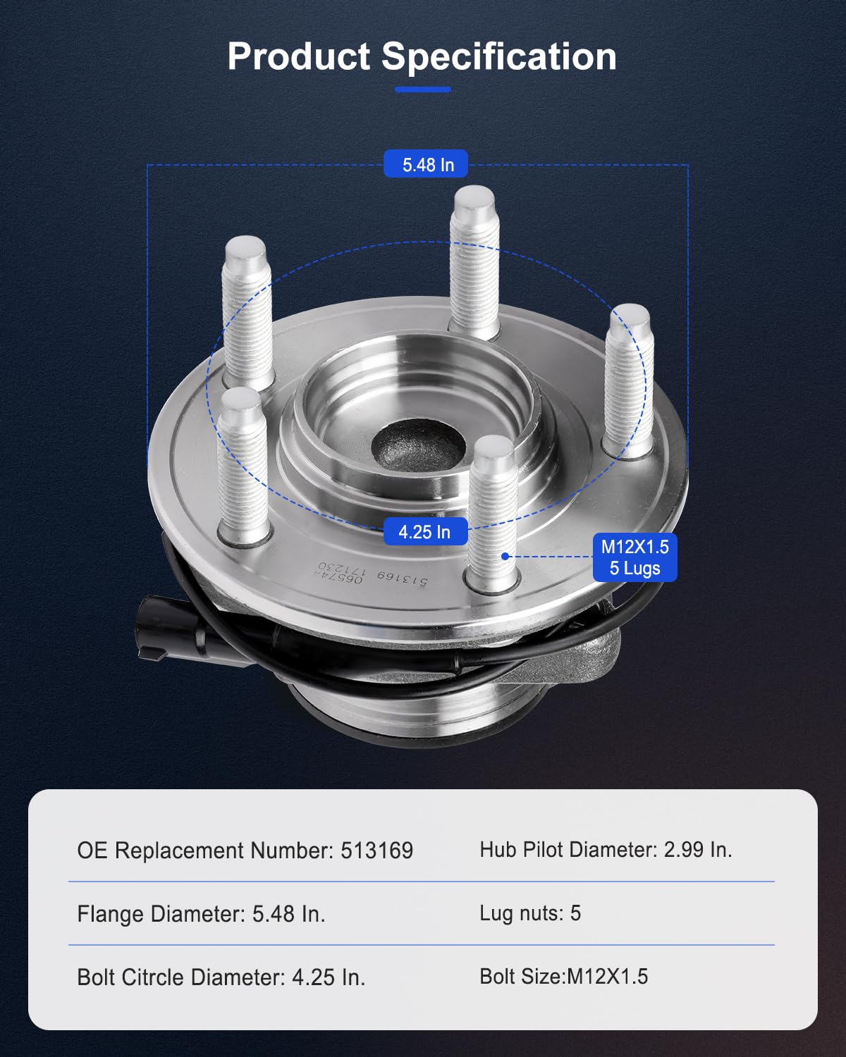 ECCPP Replacement For Wheel Bearing Hub 513169 Hub Bearing Assembly Hub Assemblies Front Axle 5 Lugs W/ABS Sensor For Jaguar S-T