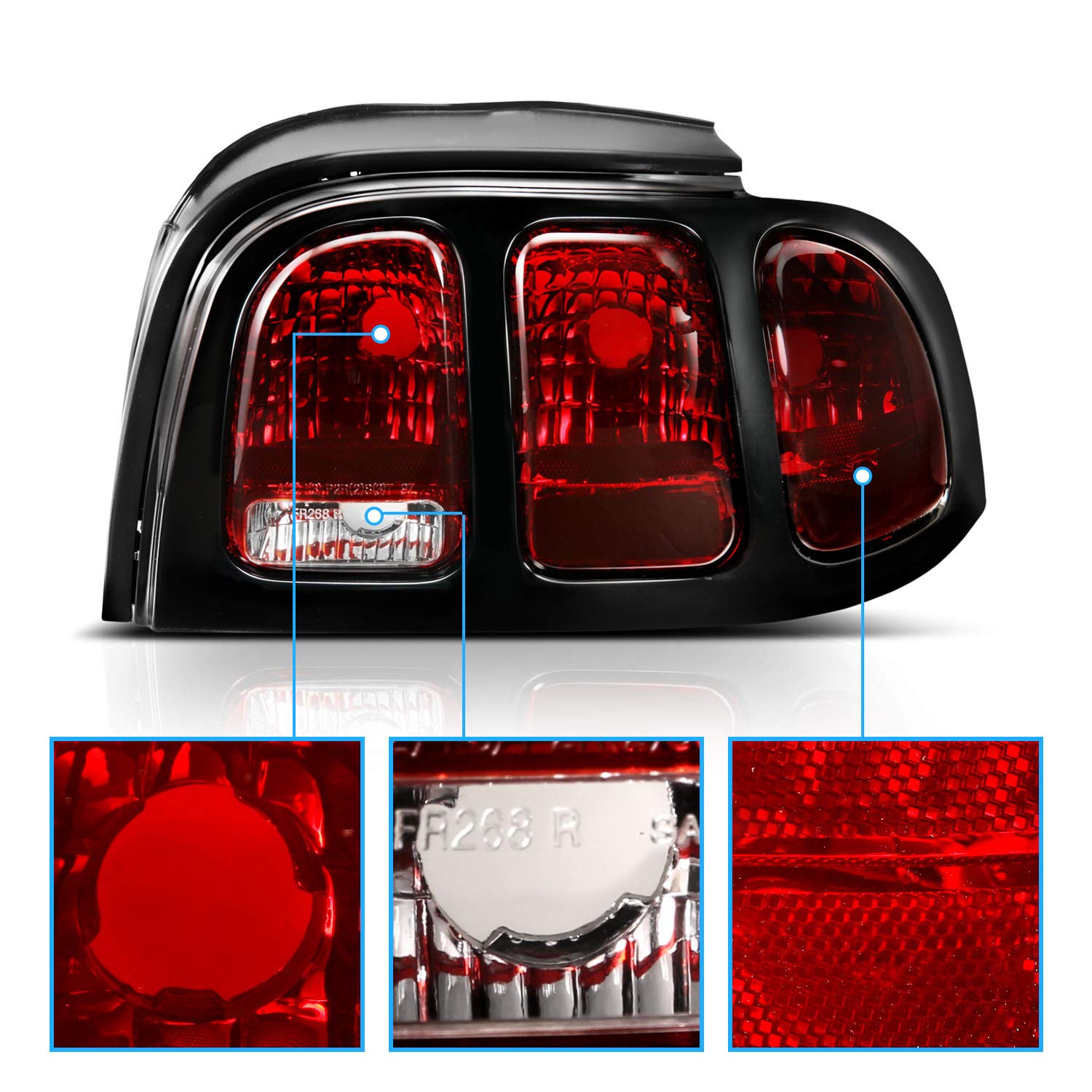 Amerilite For 1994-1998 Ford Mustang Black Housing Dark Red Oe Style Replacement Brake Tail Lights Set - Passenger And Driver Side