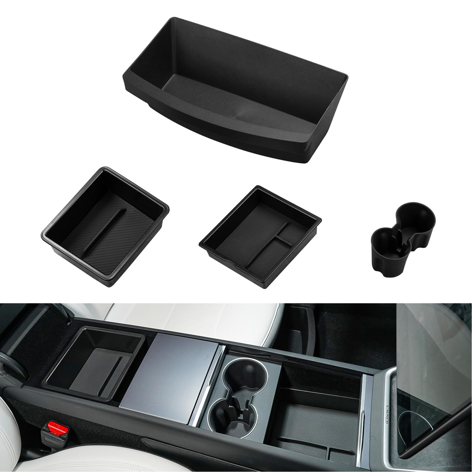 Motrobe 4PCS 2025 2026 Tesla Model Y Center Console Organizer Tray Armrest Storage Box with Removable Pad Cup holder Insert Unde