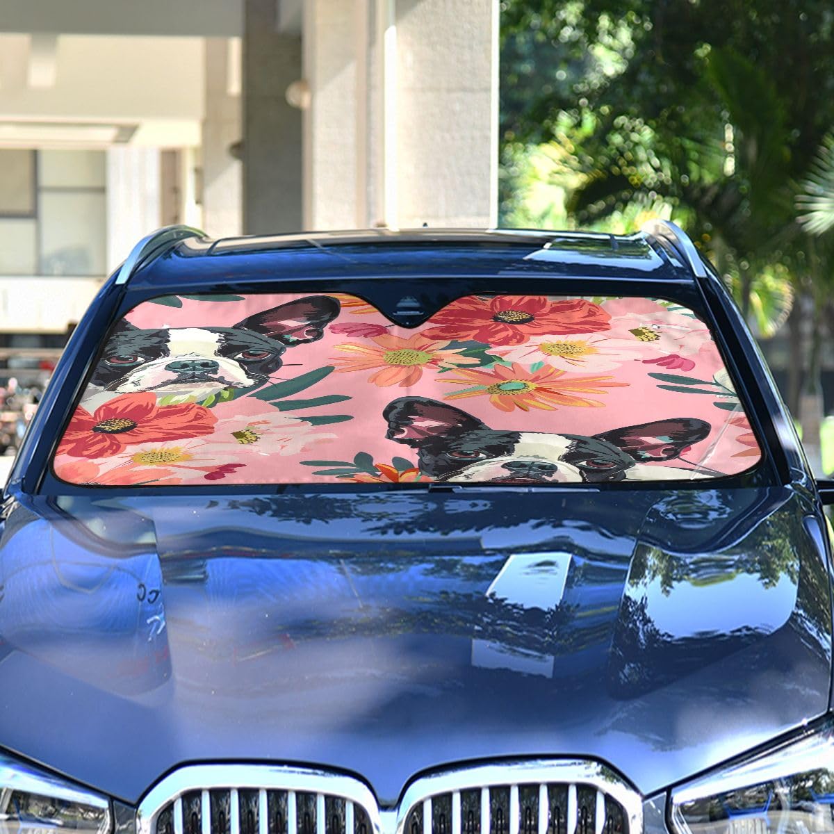 Car Windshield Sunshade Boston Terrier Flowers Pattern, Blocks Sun Visor Protector Foldable Sun Shield Keep Your Vehicle Cool, F