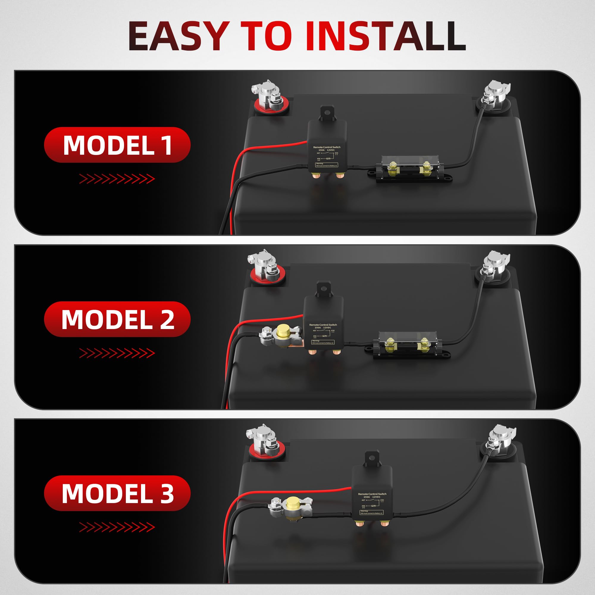 Joinfworld Kill Switch For Car 12V Remote Battery Disconnect Switch 250A Anti-Theft Remote Control Switch With Two Wireless Remote Control Relay Fobs For Auto Truck Boat