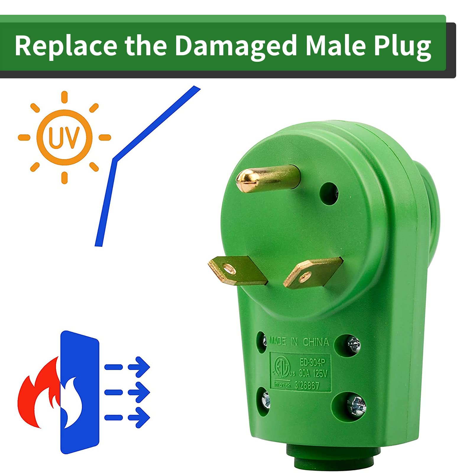 Rvguard Nema Tt-30P Rv Replacement Male Plug 125V 30 Amp With Disconnect Handle, Green