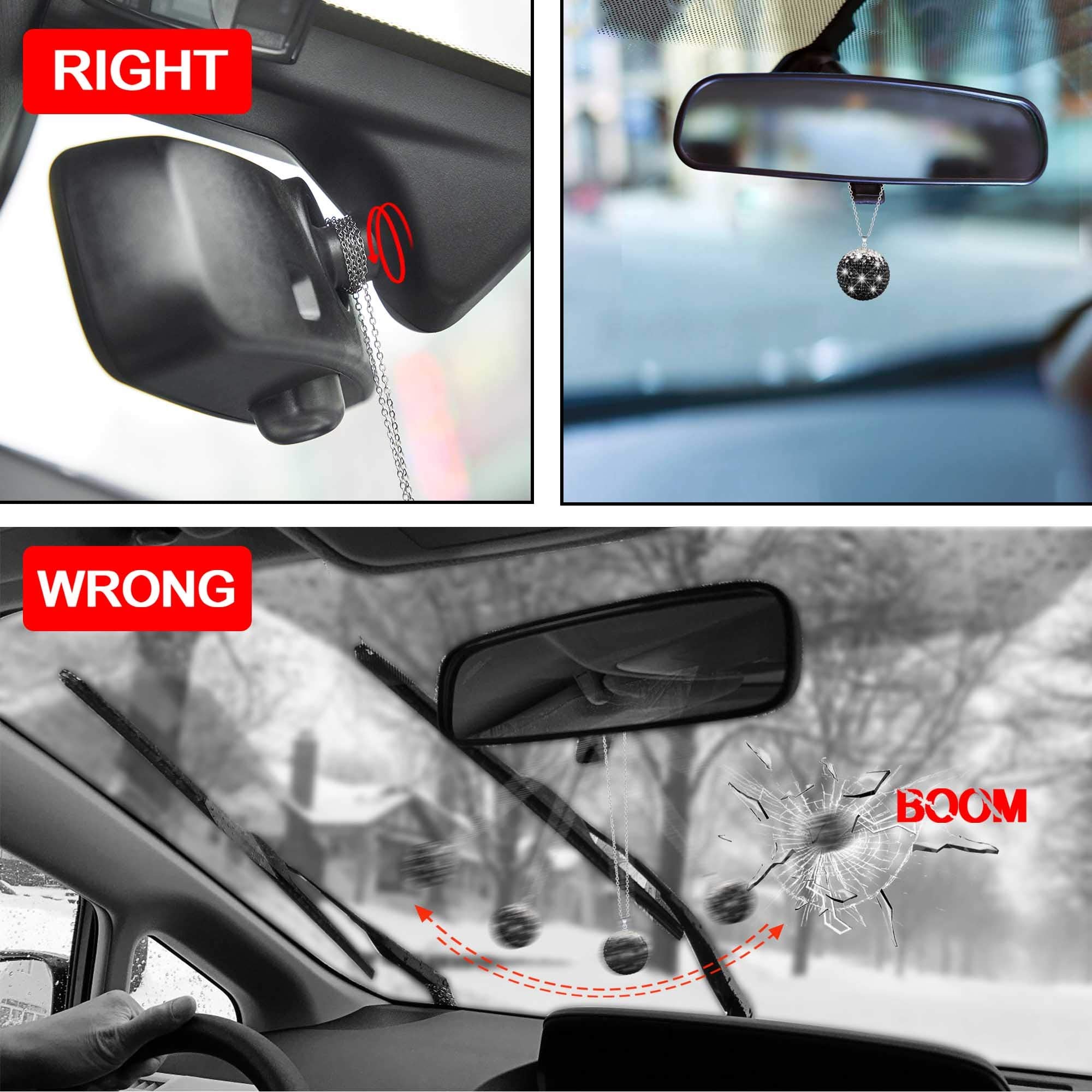 WINKA Bling Crystal Ball Car Decoration - Rhinestone Hanging Pendant, Black-White Stainless Steel Charm for Home & Car Accessories