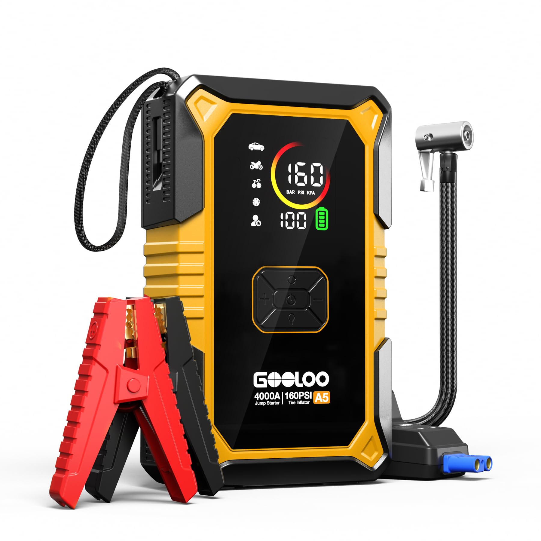 GOOLOO A5 Car Jump Starter with Air Compressor, 4000A Portable Car Jump Starter (All Gas/10.0L Diesel) with 160PSI Auto-Off Tire