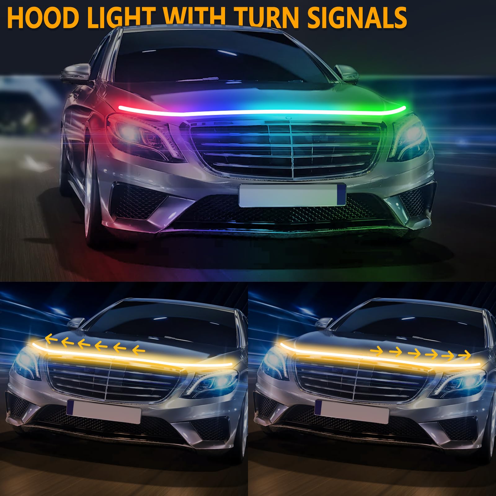 Hconce 71 Inches Rgb Multicolor Dynamic Scanning Starter Hood Lights, Car Led Hood Light Strip, Exterior Flexible Headlight Wate