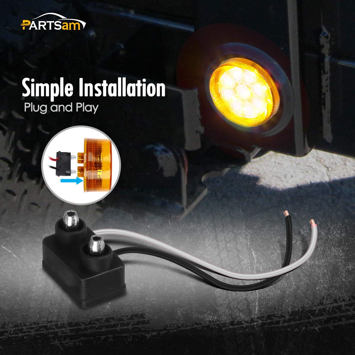 Partsam 2Pcs 2 Inch Round Truck Trailer Led Side Marker Clearance Light Amber 9 Diodes With Reflectors Sealed Waterproof 12V 2 I