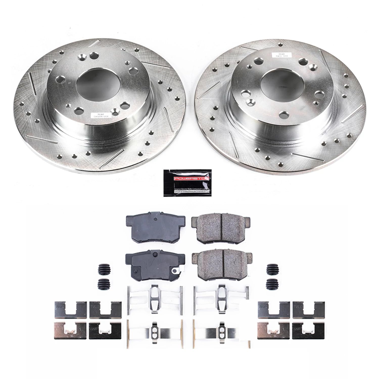 Power Stop K2391 Rear Z23 Carbon Fiber Brake Pads with Drilled and Slotted Brake Rotors Kit For 2004 2005 2006 2007 2008 Acura T