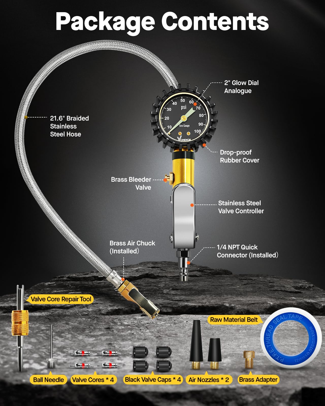 Vondior Tire Inflator With Pressure Gauge(0-100 Psi) - Ansi B40.1 Accurate, Large 2'' Glow Dial, Premium Braided Hose, Durable R