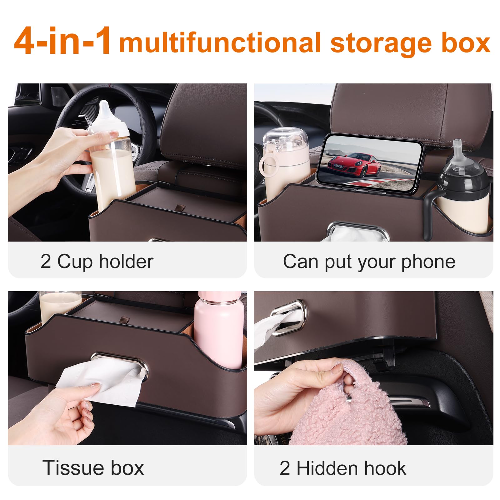 Car Rear Backseat Extra Multifunctional Drink Cup Holder Organizers with Tissue Storage Box Organizer & Hooks for Car Seat Back