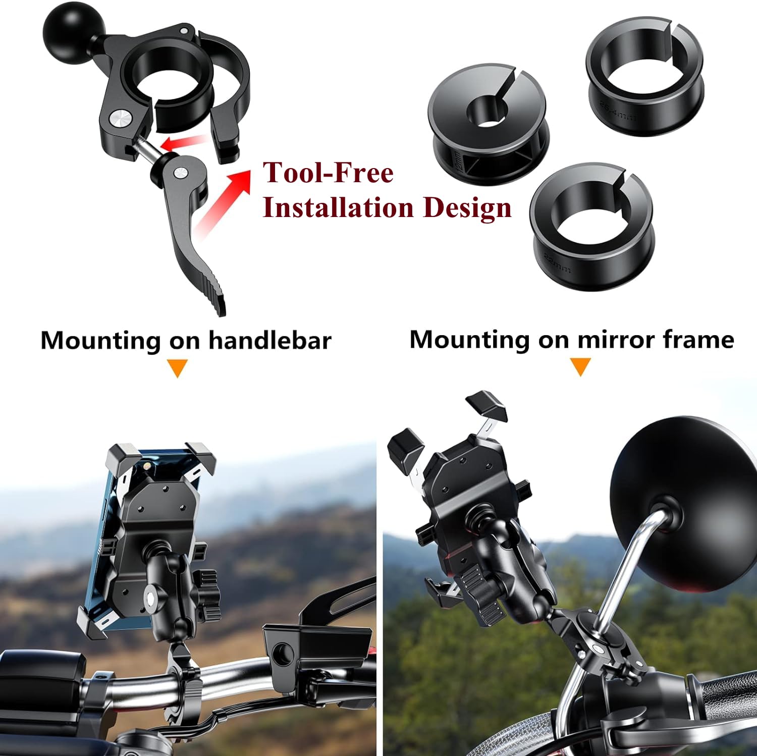 BRCOVAN Aluminum Alloy Handlebar Clamp Mount Base with 1'' TPU Ball for Rail Diameter 0.5'' 0.87'' 1'' 1.26'', Compatible with R