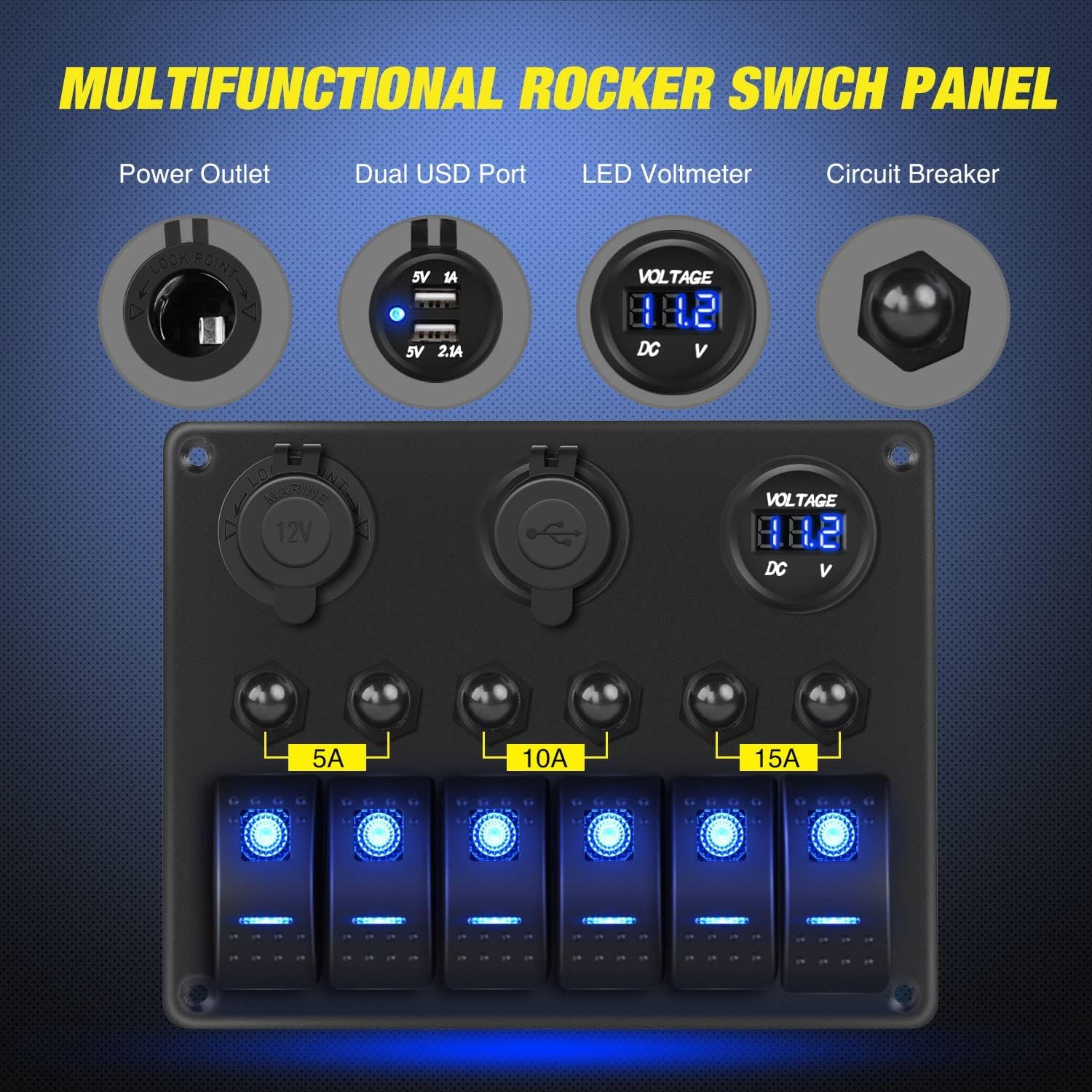Nilight 6 Gang On Off Rocker Switch Panel 12V Voltmeter Dual Usb Charger Cigarette Lighter Socket For Rv Truck Boat , 2 Years Wa