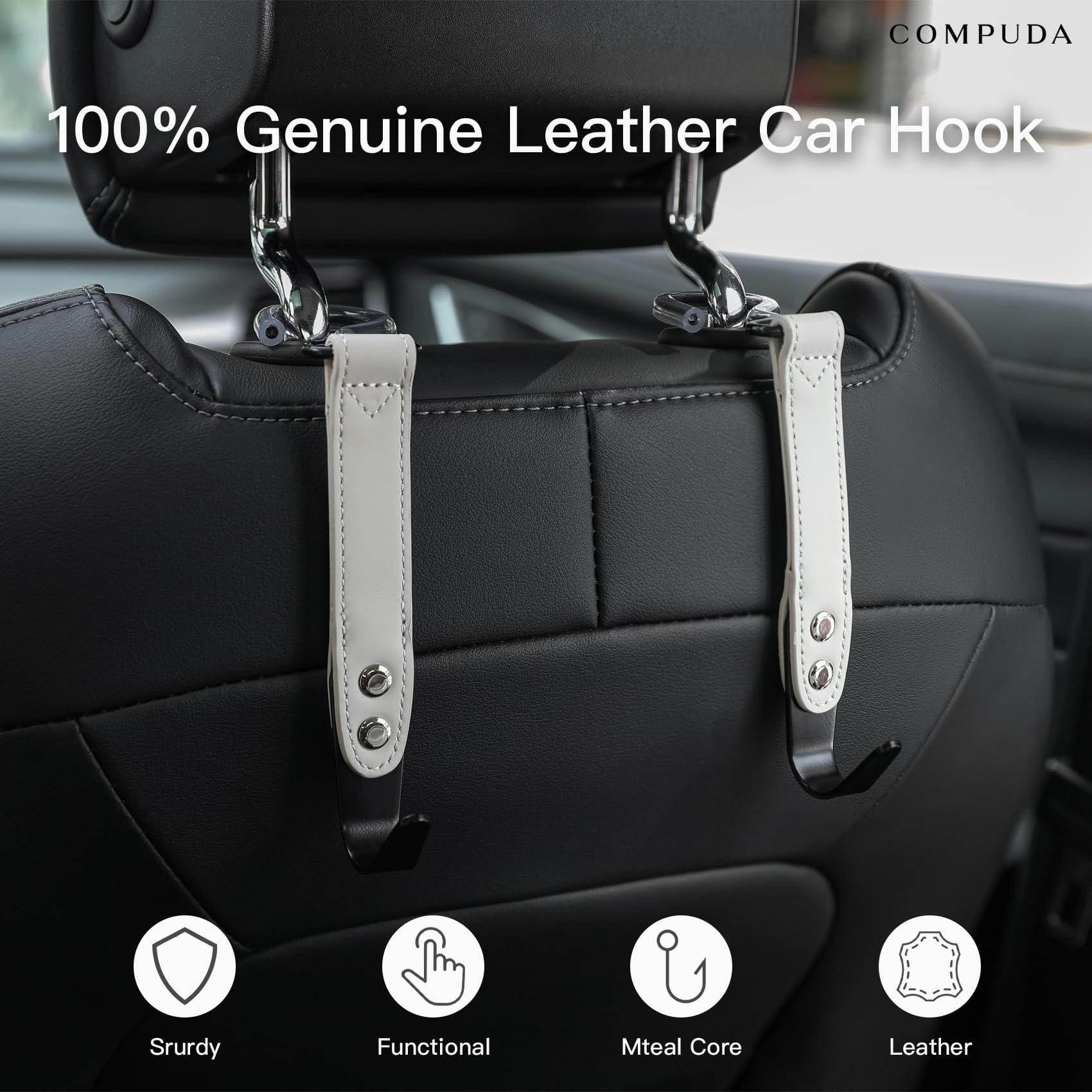 Compuda Car Headrest Hook 2 Pack Car Hook Holder Leather Headrest Hooks For Purses And Bags,Sus304 Car Hook (Grey)