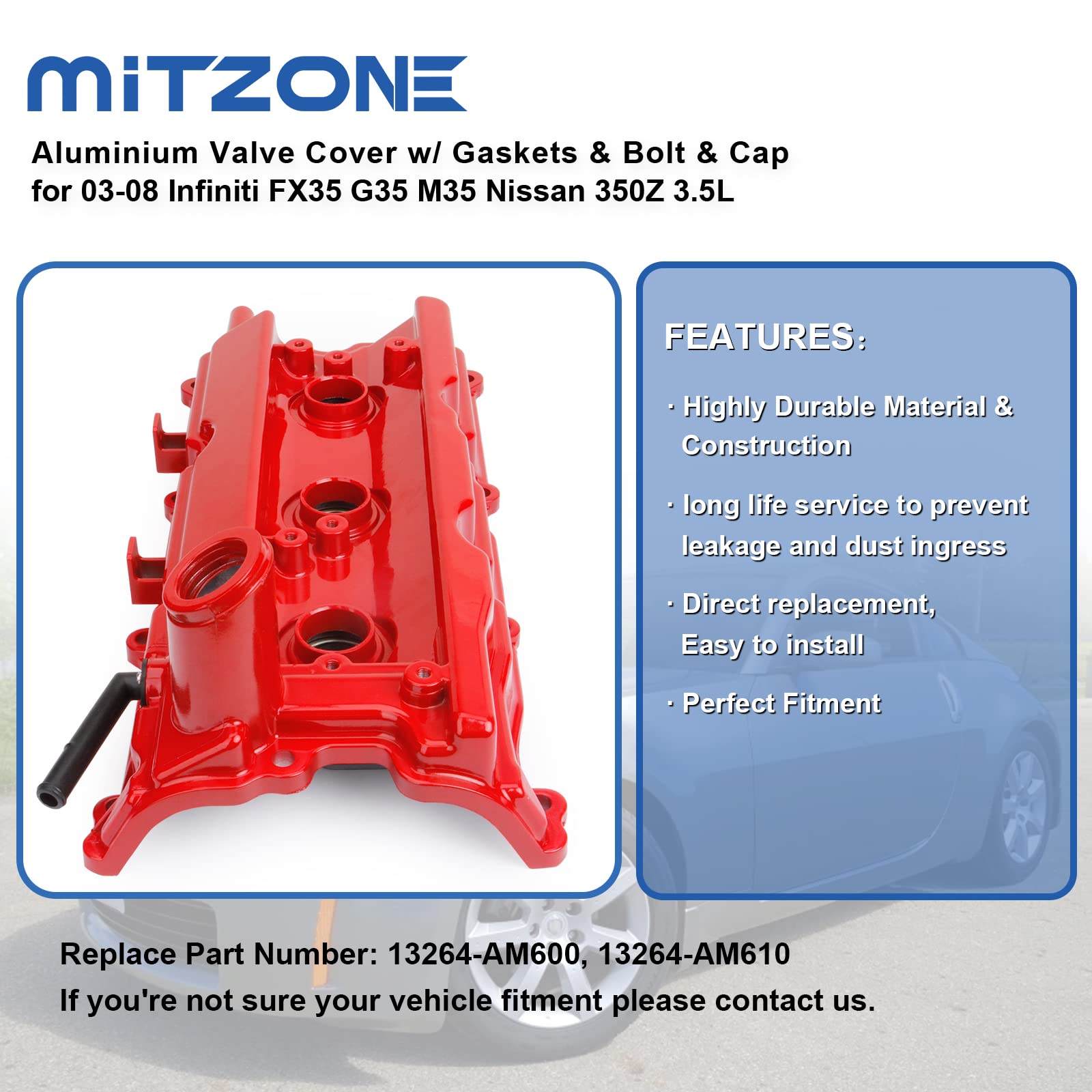 MITZONE Aluminum Valve Covers for 2003-2008 Nissan 350Z & Infiniti G35, FX35 - Upgraded Red, Models 13264AM600/13264AM610