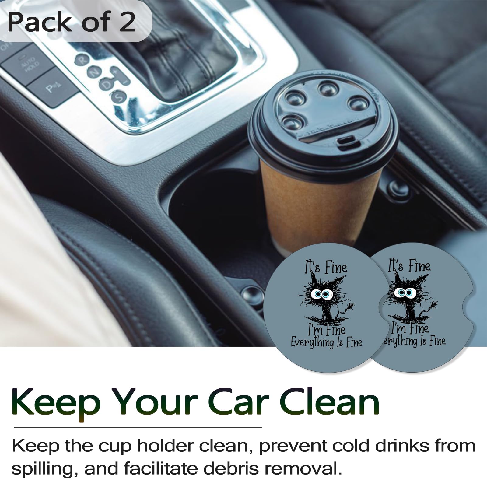 FJyuanqi Car Coasters for Cup Holders, 2 Pack Anti Slip Universal Rubber Coasters - I'm Fine Funny Cat