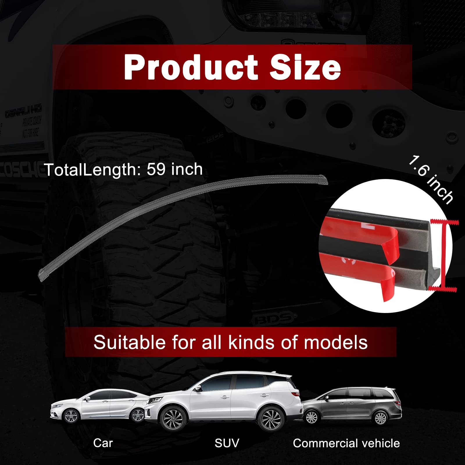 Ajxn Pack-1 Car Universal 4.9 Ft Carbon Fiber Pattern Rear Wing Decorative Strip, Spoiler Free-Punching Rubber Lip Sticker, Suit